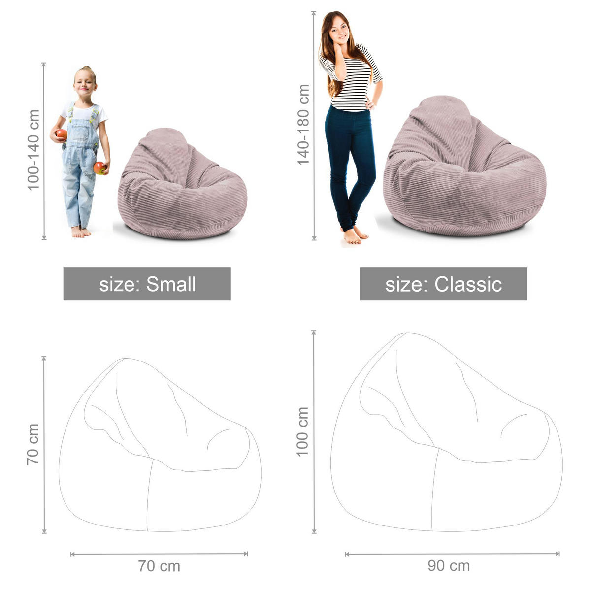 SITZSACK PARADISE MIT FUßSTÜTZE Kordsamt 2-tlg Silver Pink M - Pink, Textil (90/100/90cm) - Dreamroots