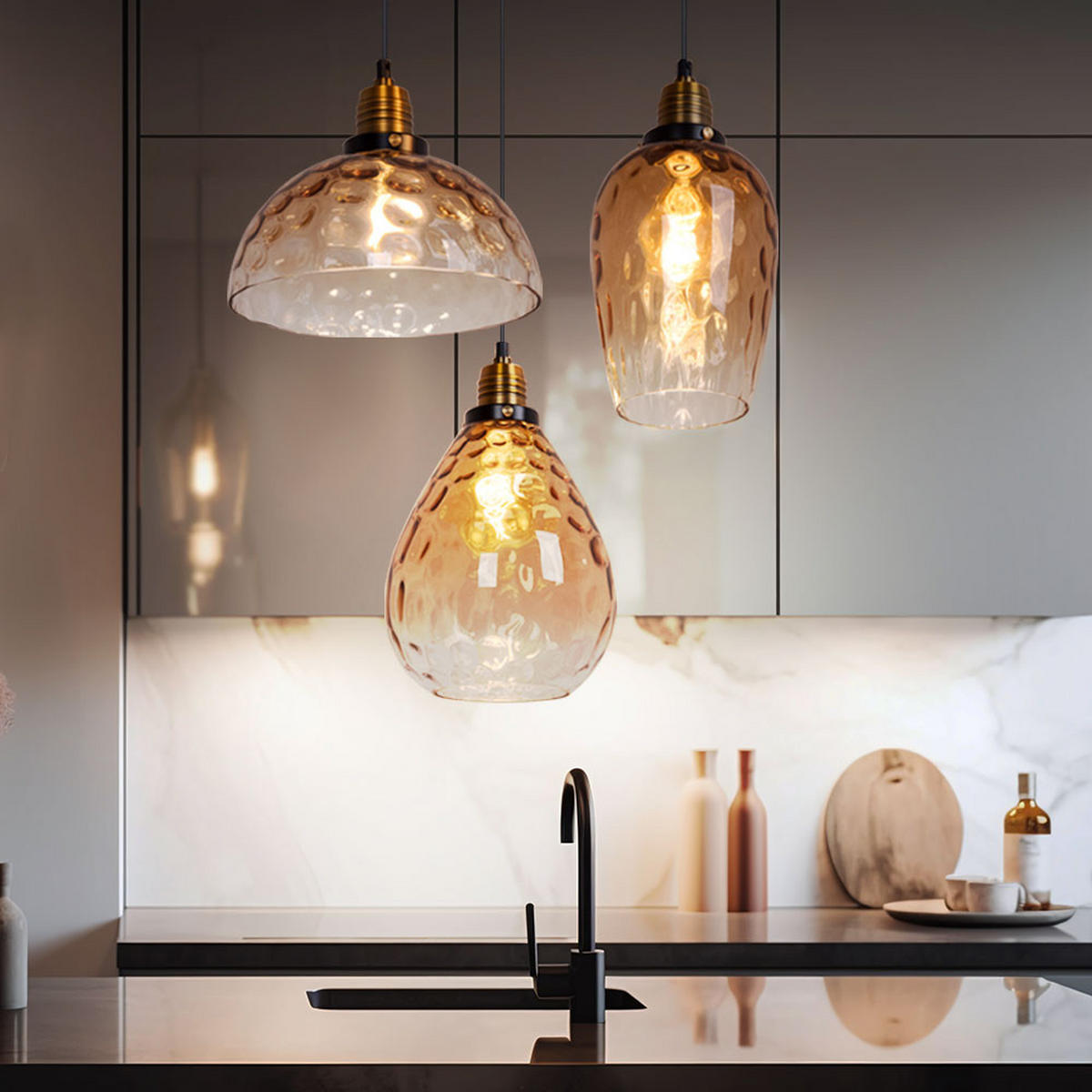 HÄNGELEUCHTE Metall Schwarz Amber 3-Flammig - Schwarz, Glas (46/46/150cm) - Globo Lighting