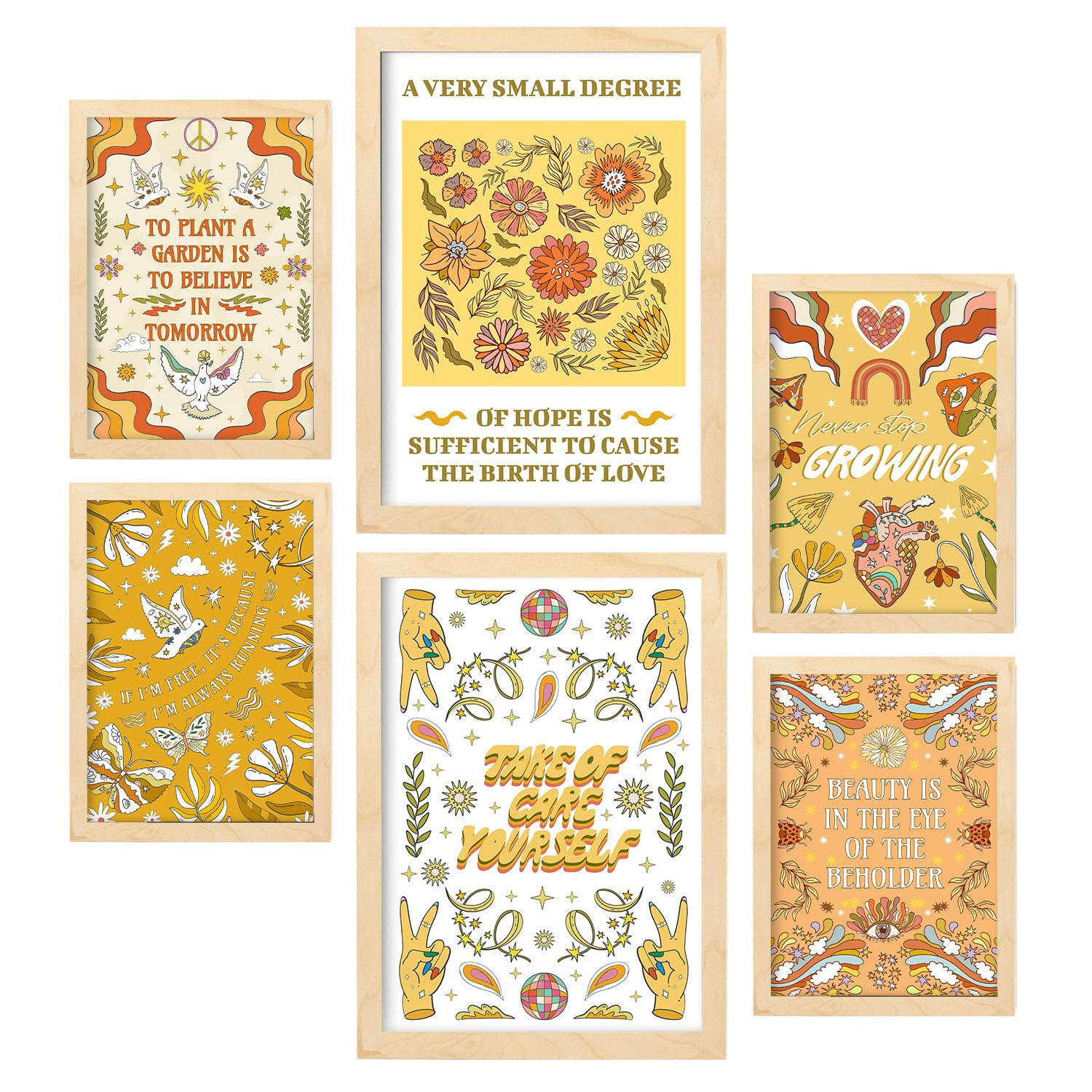POSTER Set Mit 6 Drucken Der Selbstversorgung In Der Brillanten Groovy Dekorative Rahmen Für Ihr Zuhause Wandkunstdruck A3 & A4 Rahmen Aus Hellem Holz - Beige, Papier (29/3cm) - Nacnic