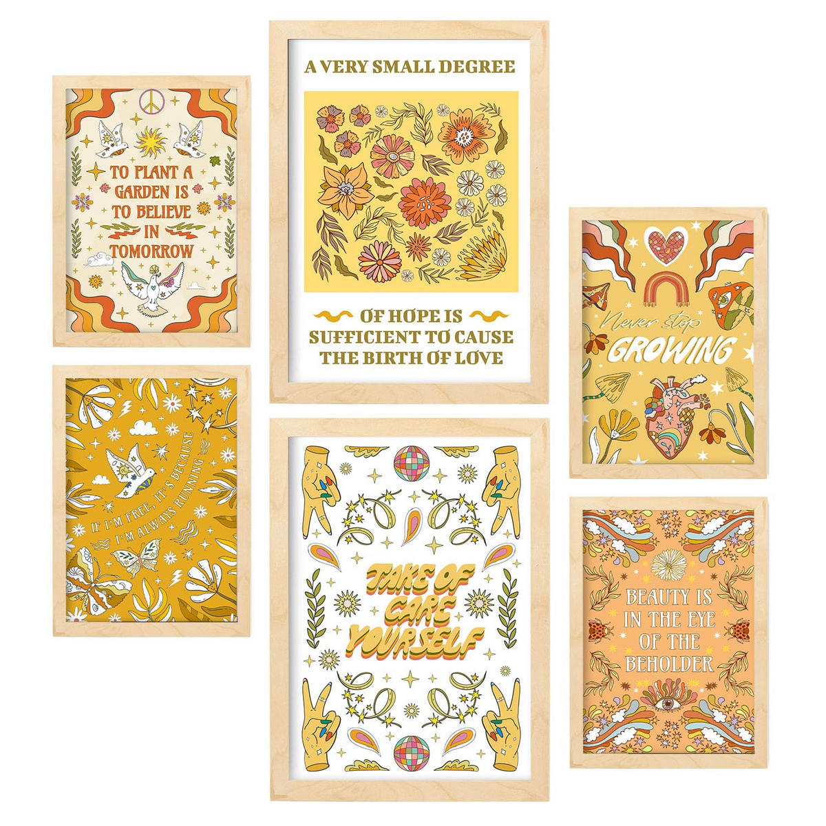 POSTER Set Mit 6 Drucken Der Selbstversorgung In Der Brillanten Groovy Dekorative Rahmen Für Ihr Zuhause Wandkunstdruck A3 & A4 Rahmen Aus Hellem Holz - Beige, Papier (29/3cm) - Nacnic