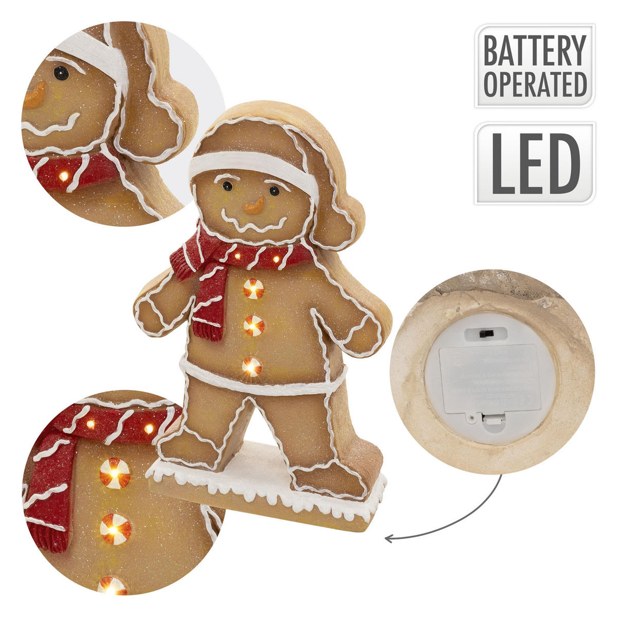 FIGURKA PERNÍKOVÉHO MUŽÍČKA s čepicí a šálou, 76 cm, vánoční dekorace do interiéru s LED osvětlením - hnědá, kámen (47/76/20cm) - ECD-Germany