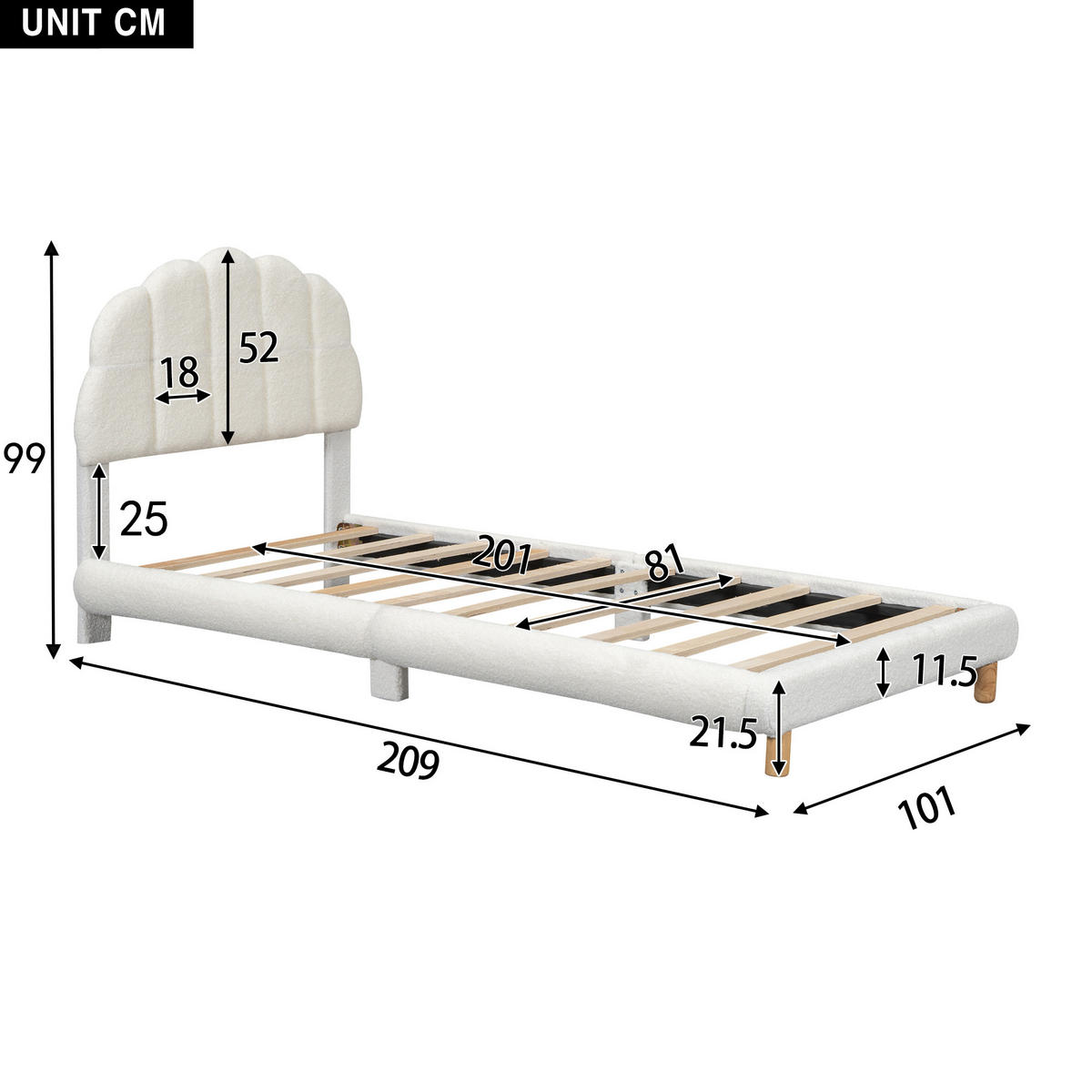 KINDERBETT 90/200 cm Weiß Kinderbett mit niedlichem Kopfteil aus Plush - Weiß, Textil (90/200cm) - OKWISH