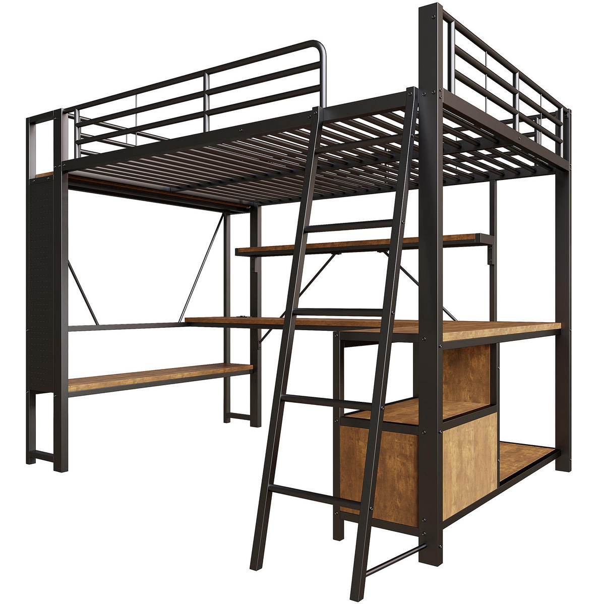 HOCHBETT 140/200 cm aus Metall mit Schreibtisch, Stauraum und LED-Beleuchtung - Schwarz, Metall (140/200cm) - Flora Grace