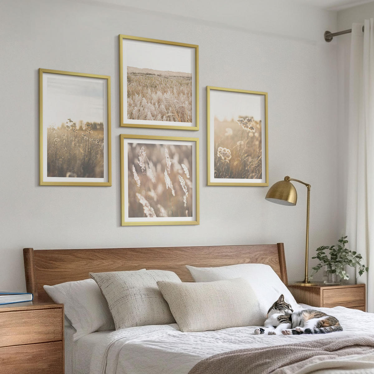 BILDER SET 4er Set - 50x50 cm & 40x60 cm Goldrahmen - Landschaftsgrasblumen Wärme - Goldfarben, Kunststoff (50/50cm) - TULUP