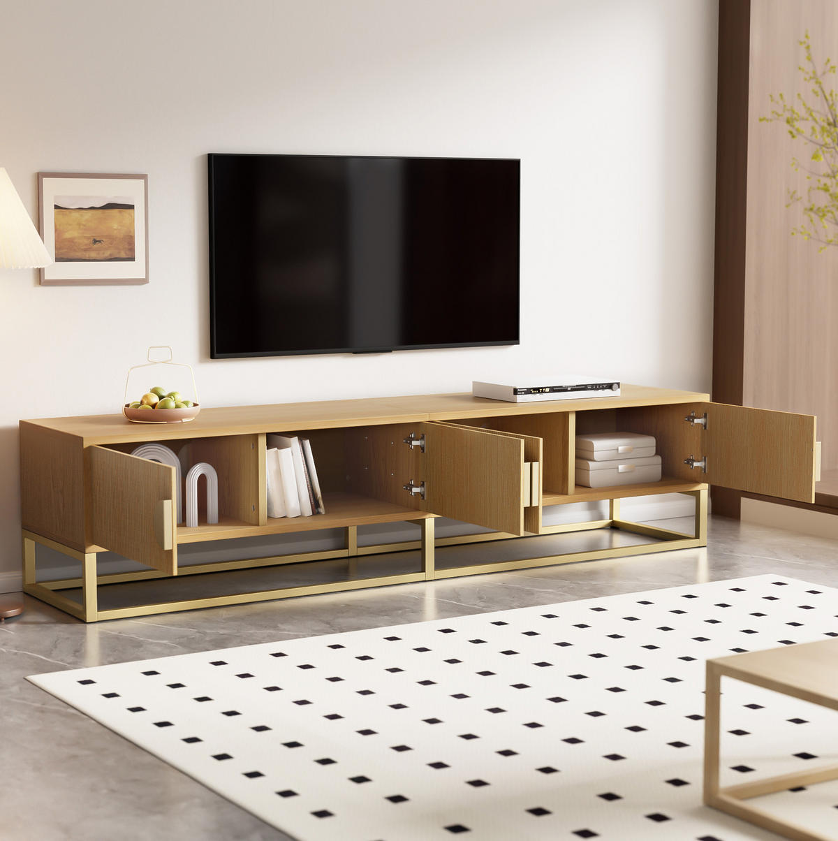 TV-BOARD aus MDF und Holzwerkstoff 180x40x40 cm Holzfarbe mit 4 Türen, Soft-Close und goldfarbenen Details - Braun, Holzwerkstoff (180/40/40cm) - Modfu