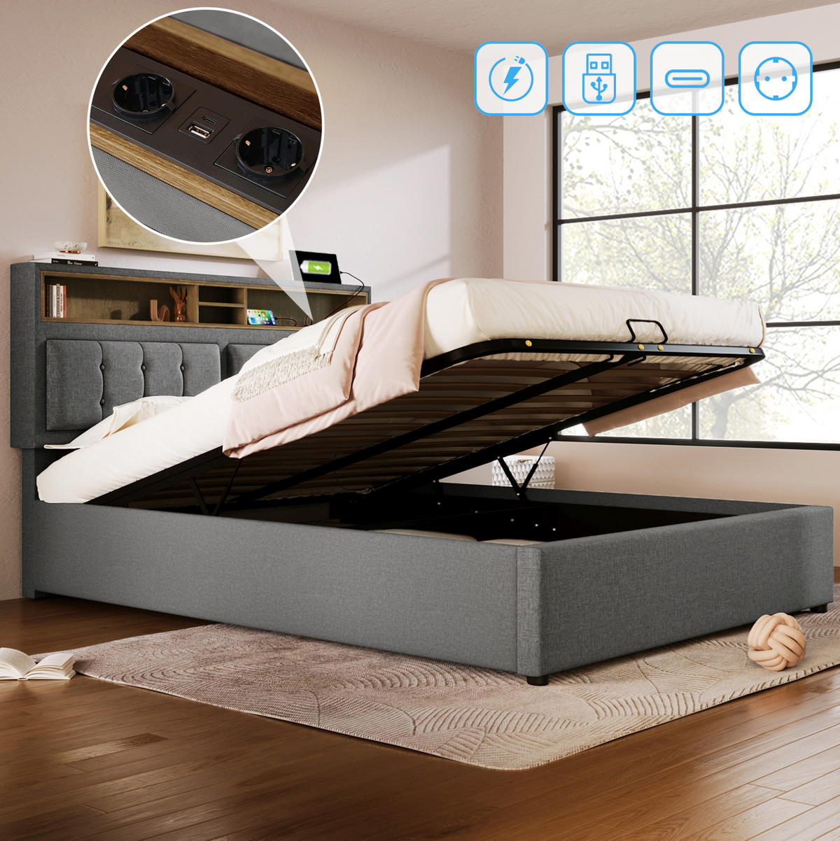 POLSTERBETT 160/200 cm Grau aus Leinen mit Stauraum und USB-C - Grau, Textil (160/200cm) - OKMYHOME