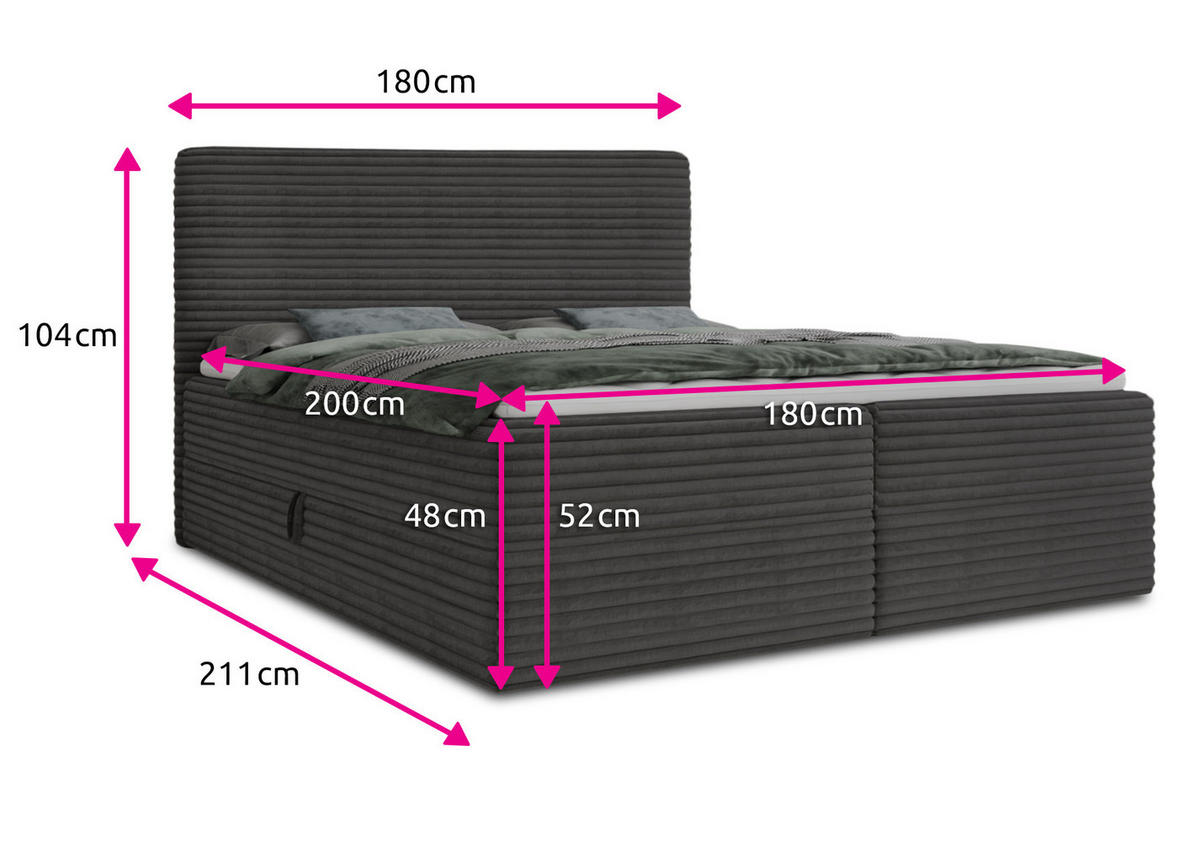 BOXBETT Mollo - 180x200 - dunkelgrau (Tilia 90, Cord) - Dunkelgrau/Schwarz, Holz/Holzwerkstoff (180/200cm) - Sofnet