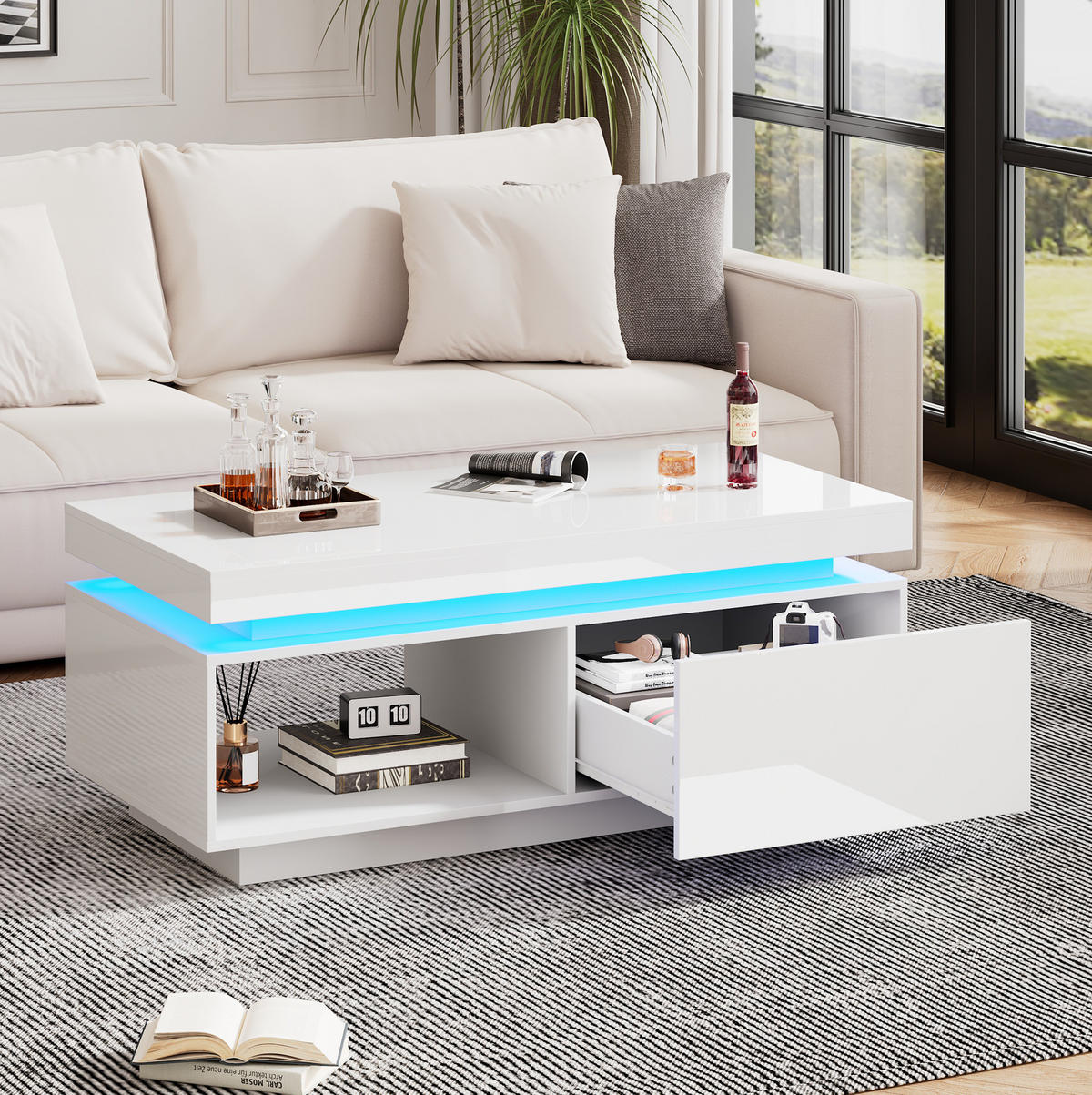COUCHTISCH 100/50/40.3 cm in Weiß aus Spanplatte mit LED-Beleuchtung und Schublade - Weiß, Holzwerkstoff (100/50/40cm) - OKMYHOME