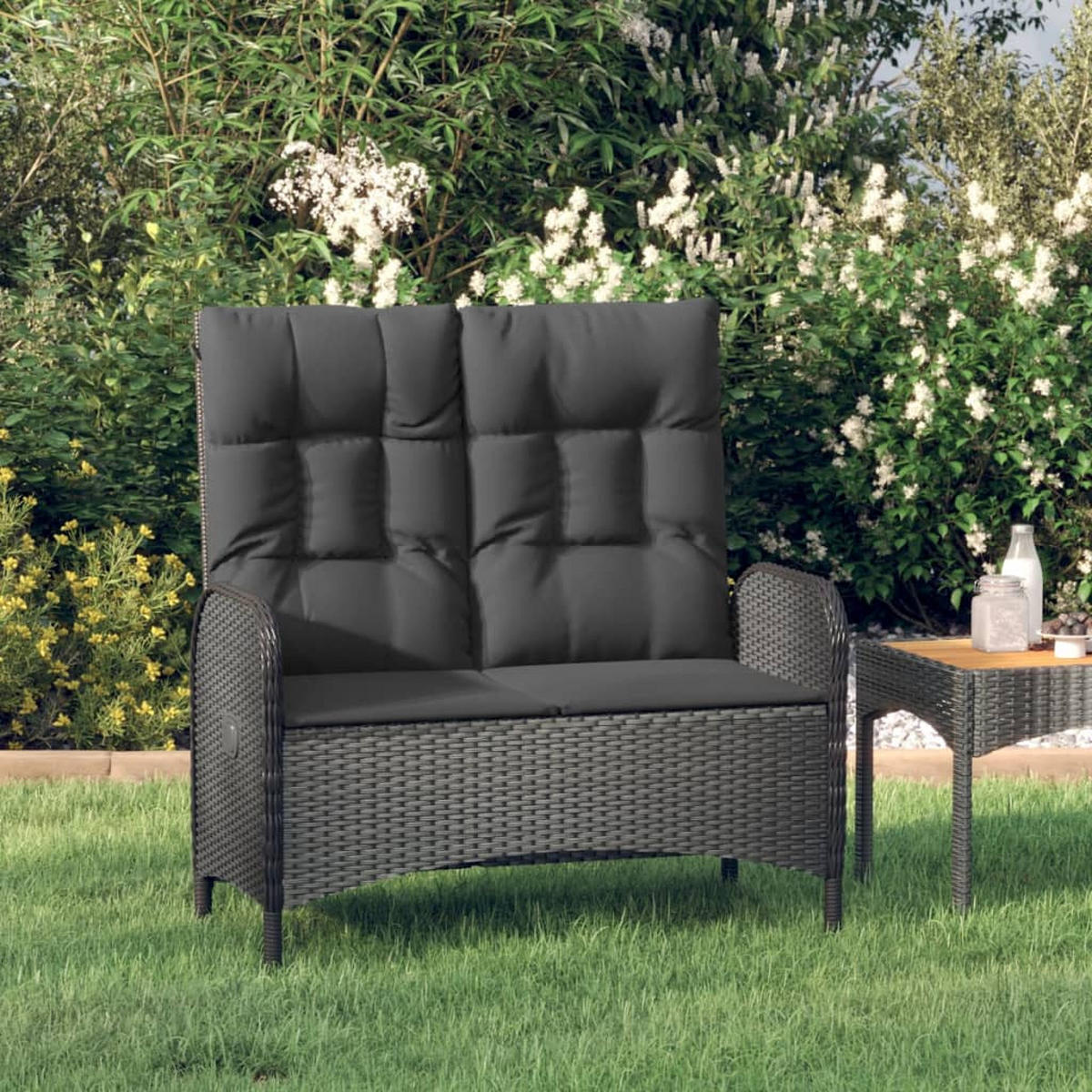 GARTENBANK mit Liegefunktion & Kissen 107cm Poly Rattan - Schwarz, Holz (107/109/62.5cm) - furnicato