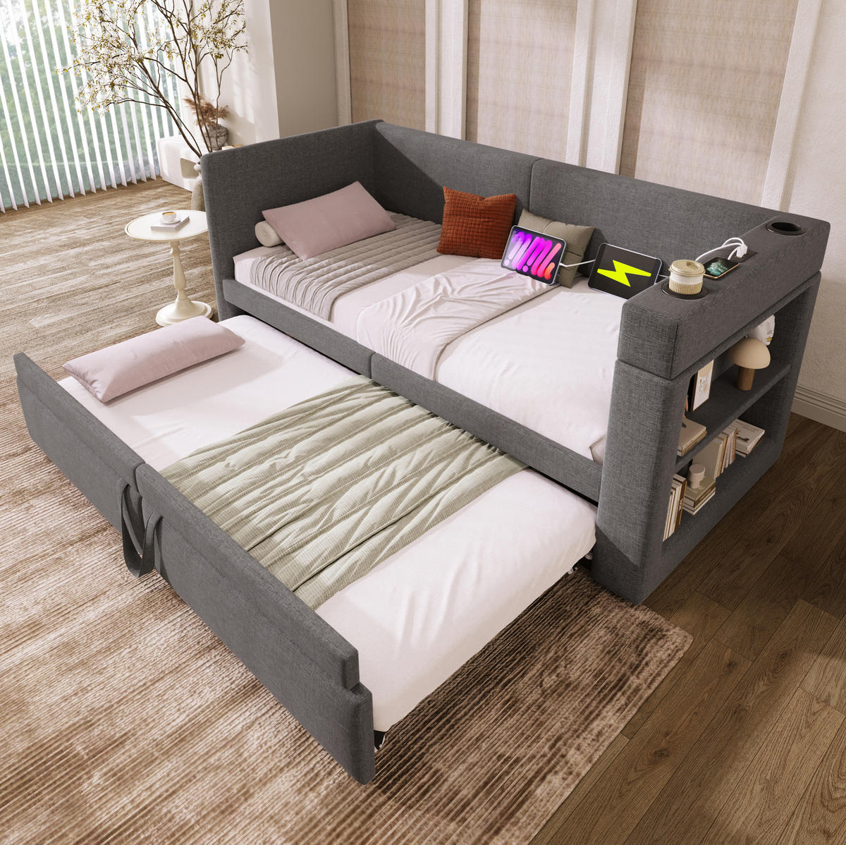 ČALOUNĚNÁ postel z bavlny a lnu 90x200 cm šedá s výsuvným lůžkem, USB, Type-C a držáky na nápoje - šedá, textil (90/200cm) - Modfu