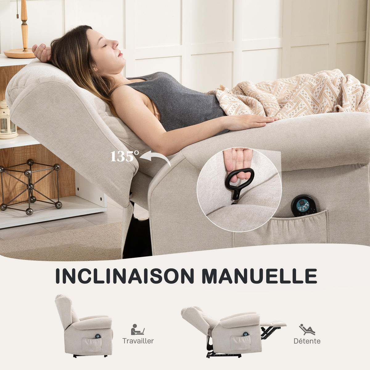 MASSAGESESSEL Beige mit Massage- und Liegefunktion 91/85/103 cm - Beige, Naturmaterialien (91/103/85cm) - PANGIVO