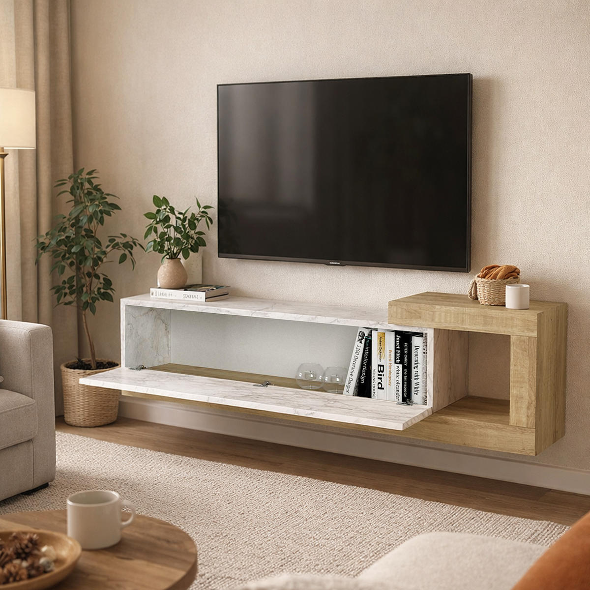 MOEBEL17 TV Lowboard 150 cm – Modernes Lowboard TV Schrank – TV Board Wohnzimmer – Fernsehtisch – TV Möbel Sideboard Modern – Modell Bliss - Weiß/Braun, Holzwerkstoff (150/37/30cm) - moebel17