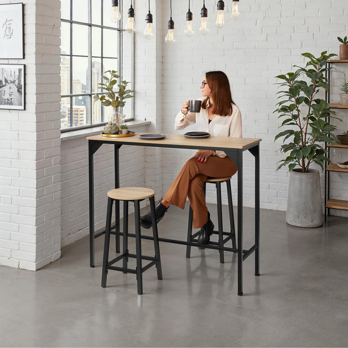 BARHOCKER 2er Set Corby,Sitzhöhe 66 cm,Industrial Holz hell - Naturfarben, Holz (32/66/32cm) - tectake