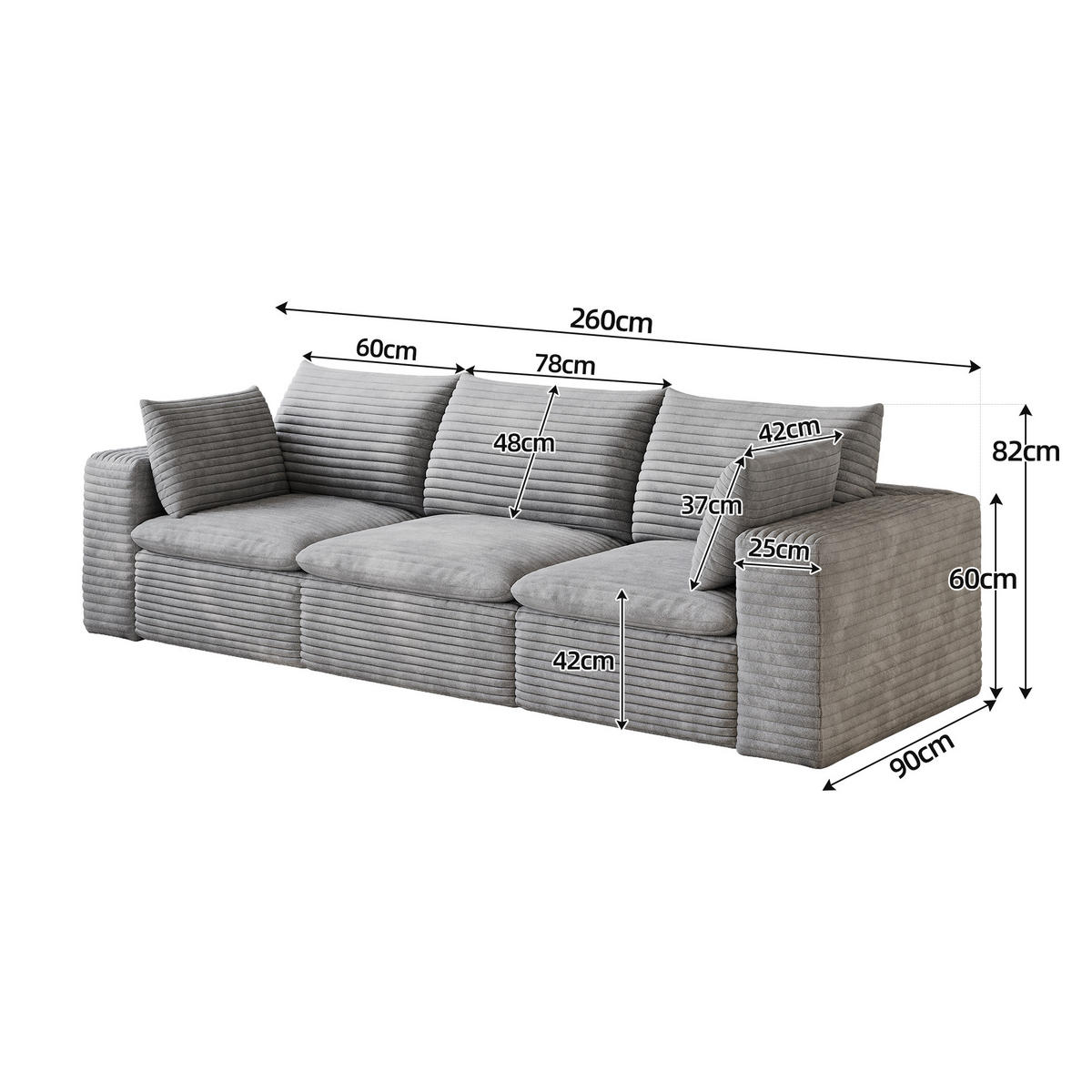 3-SITZER-SOFA DE-34773 mit abnehmbare Polsterung Grau - Grau, Textil (90/60/260cm) - ComfortXL