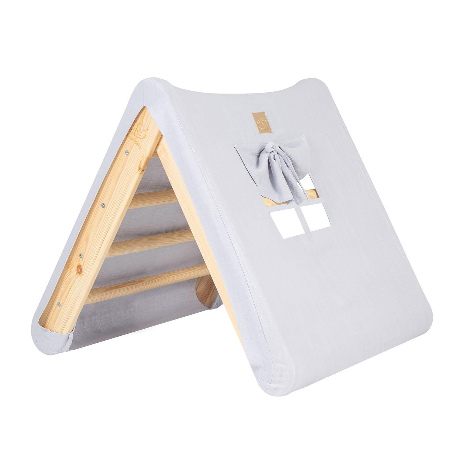 KLETTERDREIECK Haus für Kinder mit Grau-Blauem Dach, Zarter Stoff, Montessori, Natur - Blaugrau/Naturfarben, Holz (59.5/59/60cm) - MeowBaby