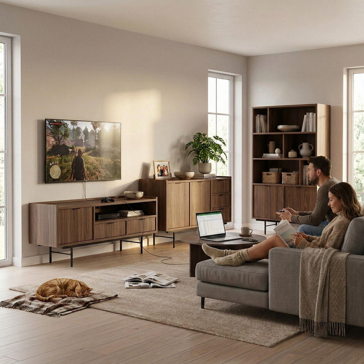 WOHNWAND Evron Kommode 150 cm TV-Board 150 cm Bücherregal 90 cm, Walnuss - Walnussfarben/Schwarz, Holzwerkstoff/Metall (150/90/40cm) - Beautysofa