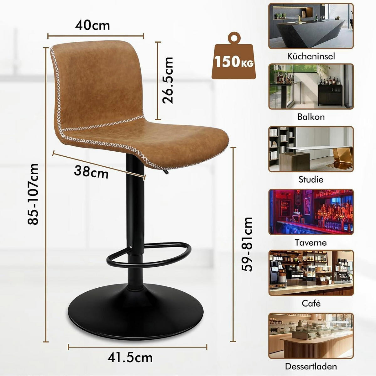 BARHOCKER 2er Set Kunstleder Braun, höhenverstellbar und 360° drehbar - Braun, Kunststoff (41.5/107/41.5cm)