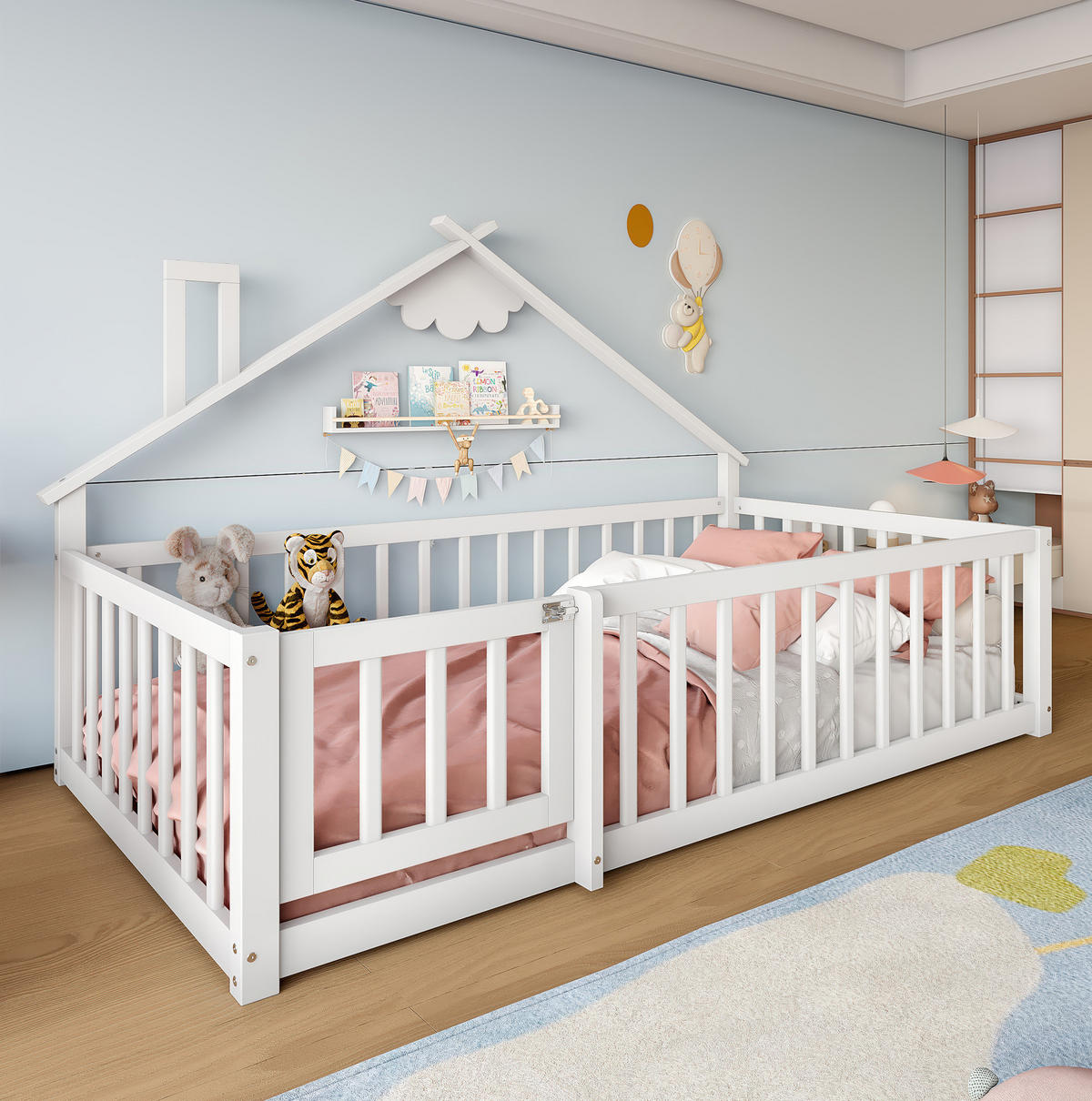 DETSKÁ posteľ 90/190 cm biela z borovice a MDF s domčekovým rámom a bočnicou so zámkom - biela, drevo (90/190cm) - OKWISH