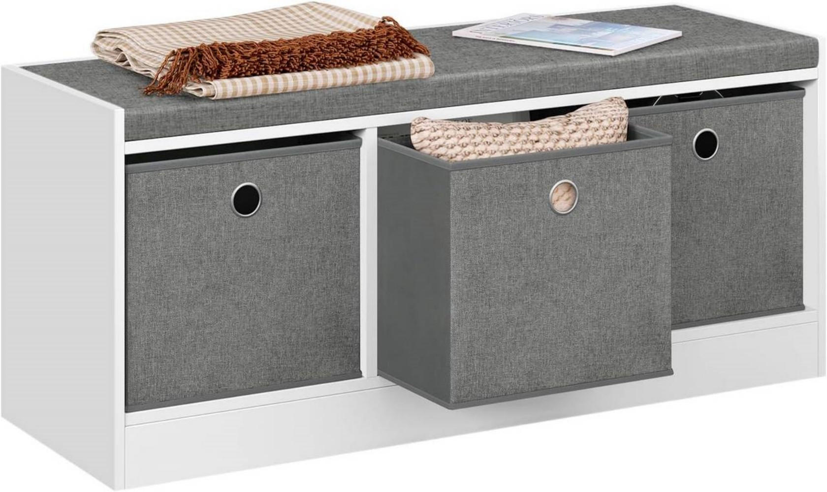 SITZBANK mit 3 Stoffschubladen, Weiß Grau - Weiß/Grau, Holzwerkstoff/Kunststoff (102/45.5/32cm) - Woltu