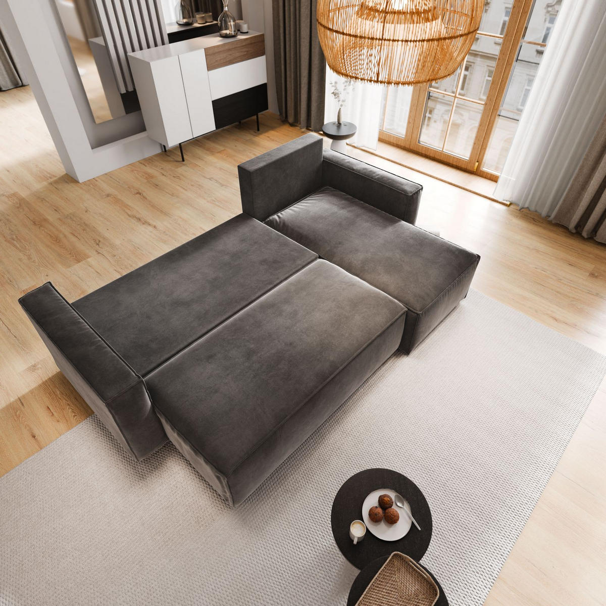 ECKSOFA SILES Grau Velours-Stoff mit Schlaffunktion - Grau, Holz (230/140cm) - MASSENO