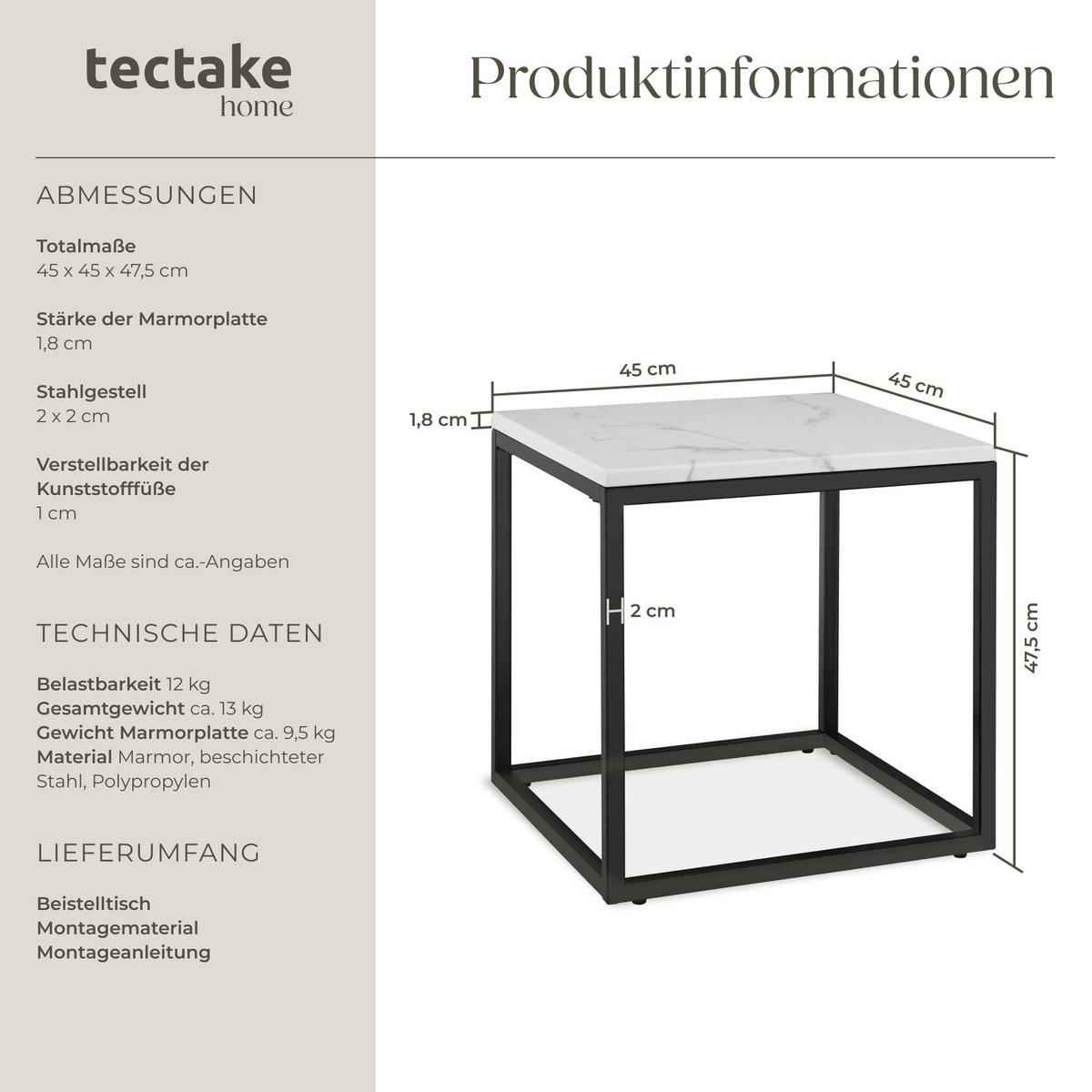 MARMOR-BEISTELLTISCH Alysia,mit höhenverstellbaren Kunststofffüßen,schwarz/weiß - Schwarz/Weiß, Stein (45/45/47.5cm) - tectake