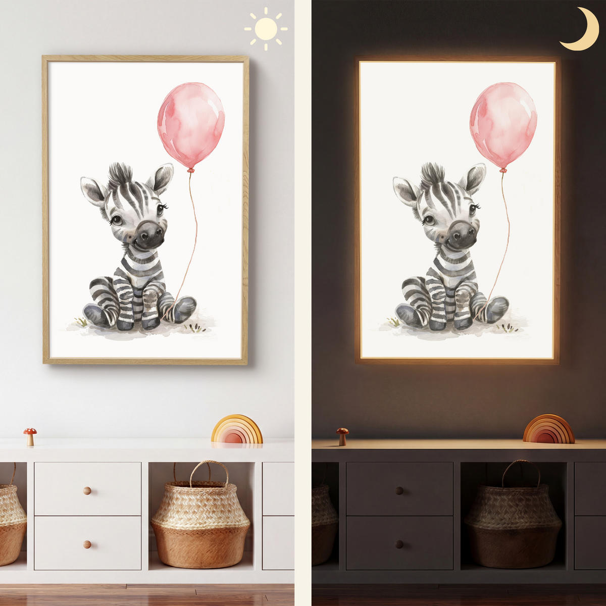 WANDLEUCHTE MIT AKKU Zebra - Baby - Tiere - Rosa Luftballon 60x90 cm - Weiß, Holzwerkstoff (60/90/8cm) - OnlyWow