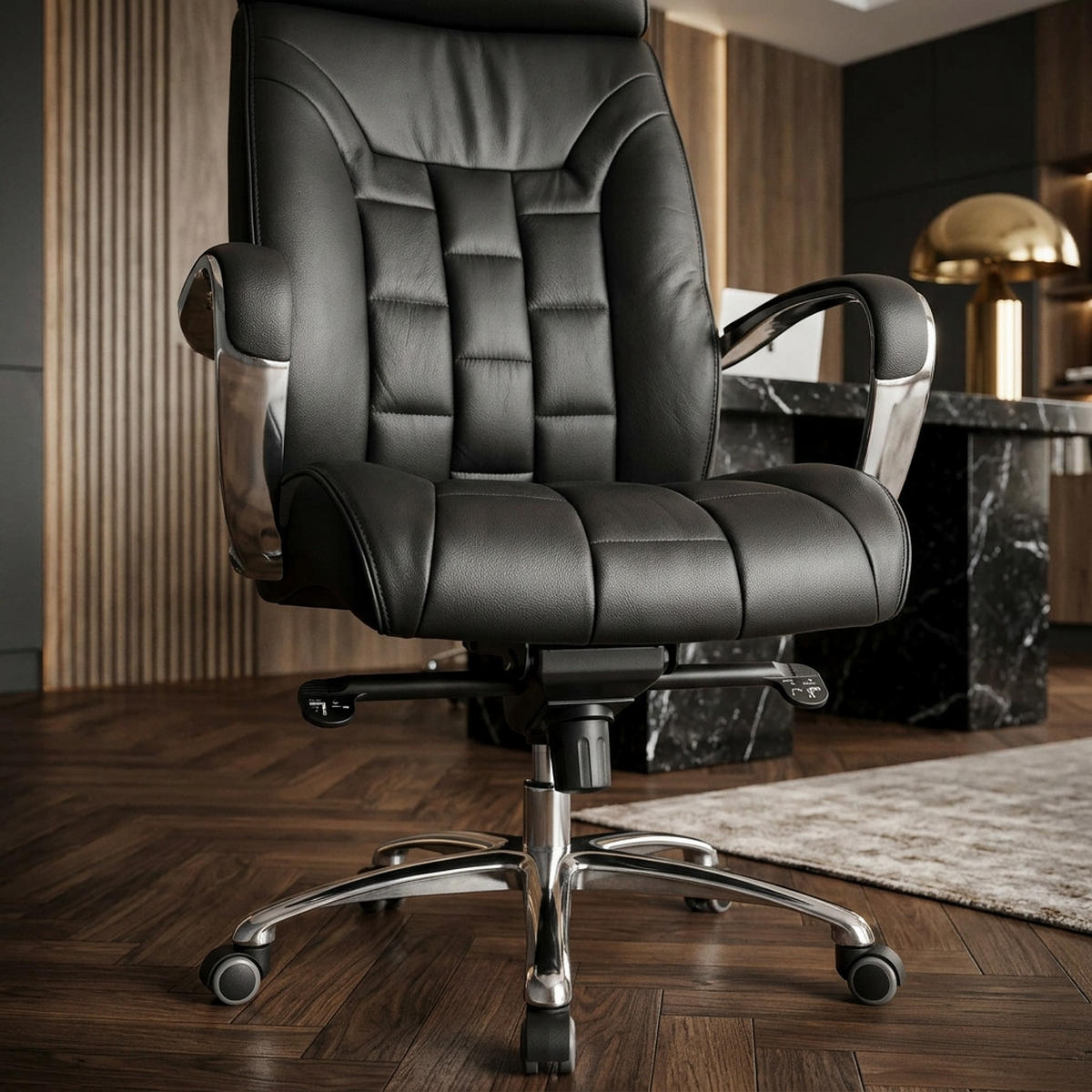 CHEFSESSEL Echtleder mit Multiblockmechanik und Lendenstütze Belastbar bis 120 kg - Silberfarben/Schwarz, Leder (66/128/62cm) - KADIMA DESIGN