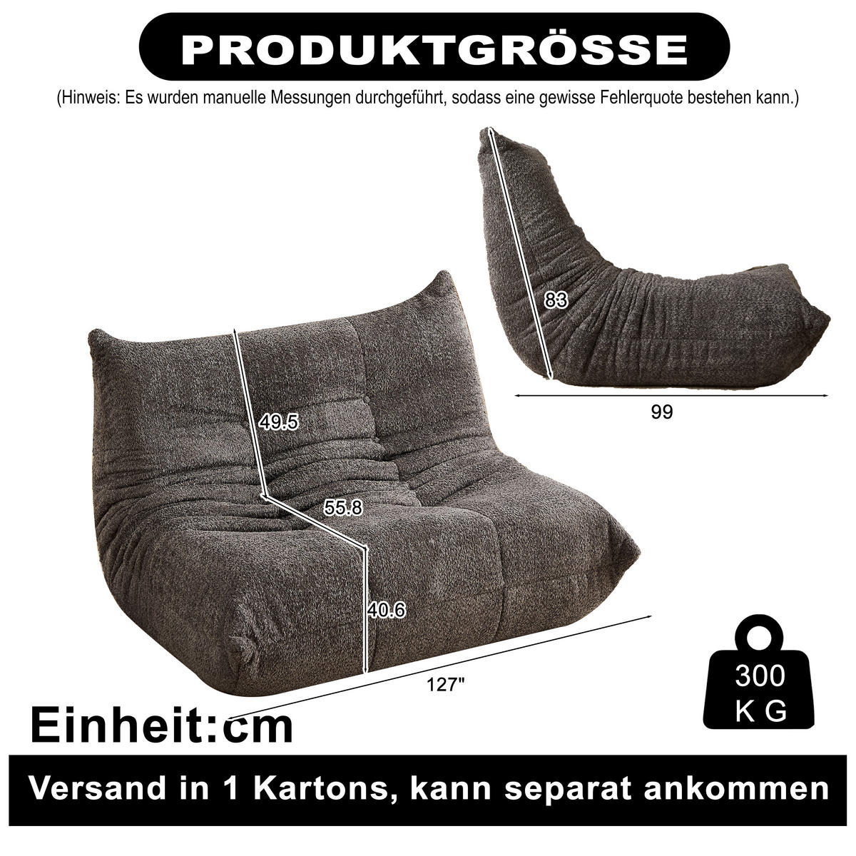 SITZSACK 2-Sitzer Ergonomischer aus Chenille & Memory-Schaum, Montagefrei - Grau, Textil (127/83/99cm) - Urban Meuble
