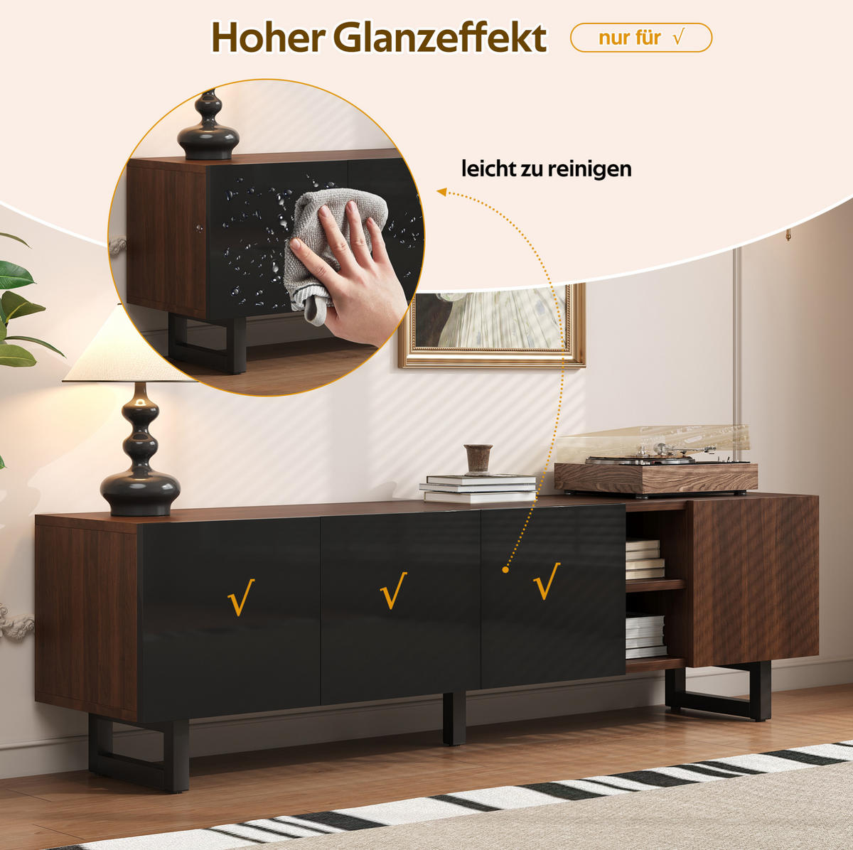 LOWBOARD 180/38/50 cm aus MDF mit Hochglanzfronten und grifflosem Türdesign Schwarz/Natur - Hellbraun, Holzwerkstoff (180/50/38cm) - Modenvie