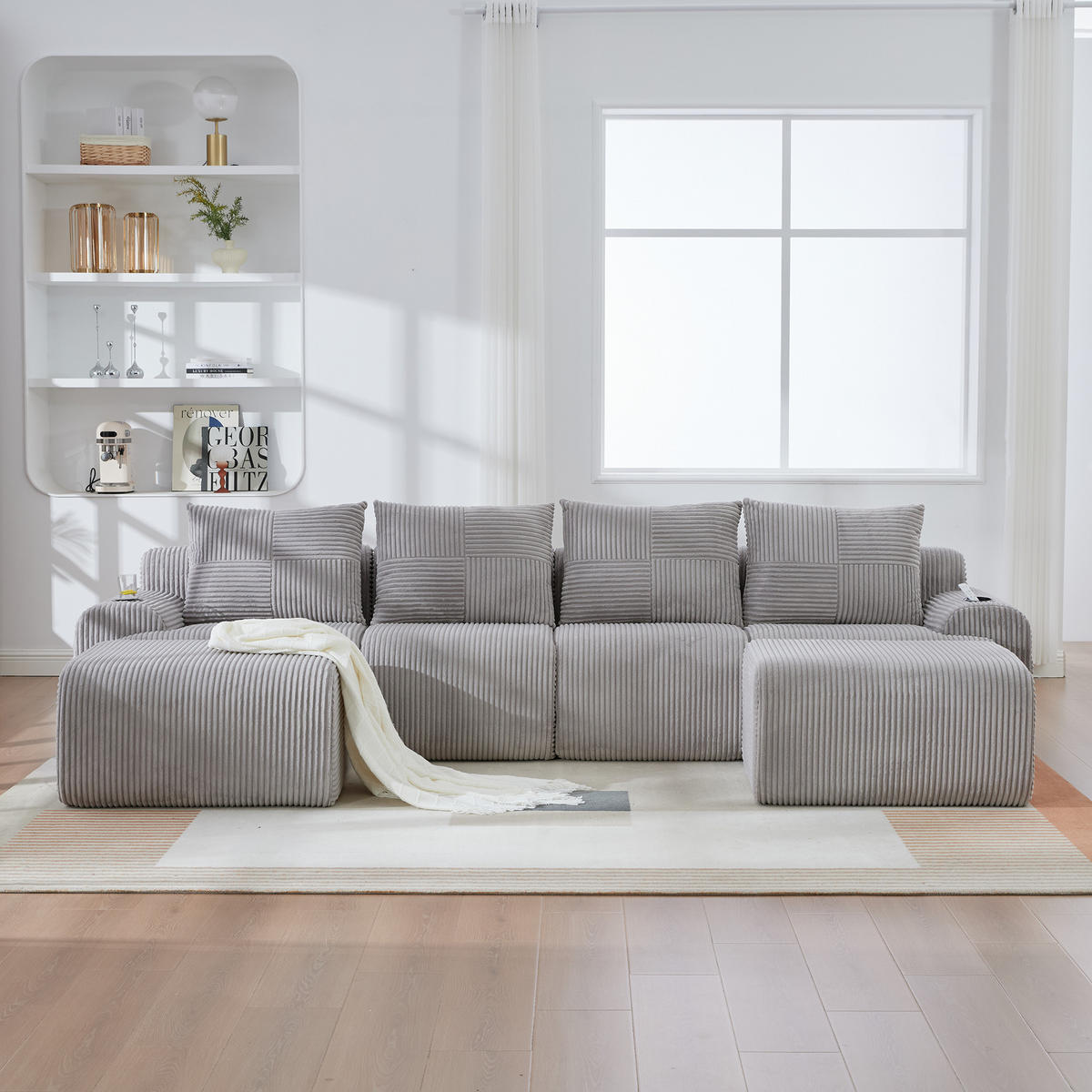 WOHNLANDSCHAFT aus Cord 333x174x80 cm mit Cupholder & Seitentasche, hellgrau - Hellgrau, Textil (333/80/174cm) - Luhomfu