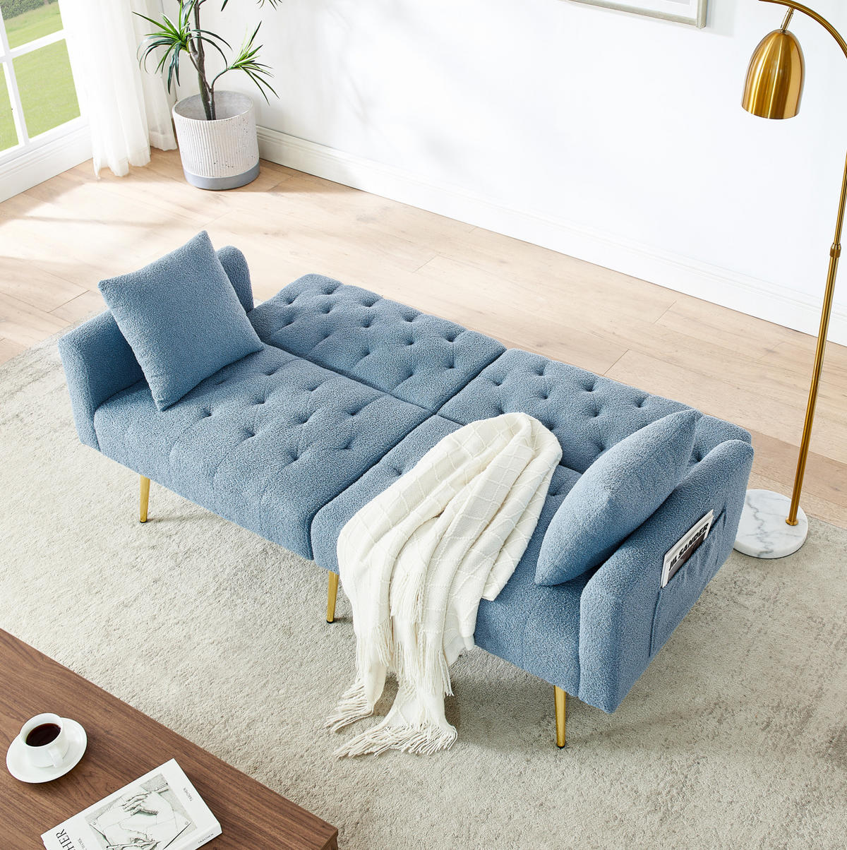 SOFA mit verstellbarer Rückenlehne, 2-Sitzer, Teddy Blue - Blau, Holzwerkstoff (177/74/78cm) - Meubliv