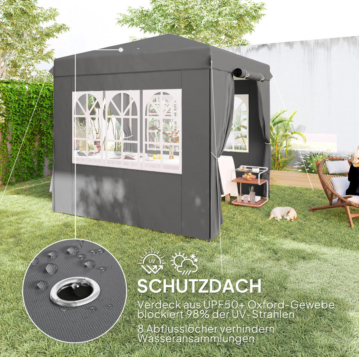 FALTPAVILLON 250/250/268 cm höhenverstellbar mit 4 Seitenteilen, UV-Schutz und Rolltasche aus Polyester, Dunkelgrau - Dunkelgrau, Textil (250/268/250cm) - Redom
