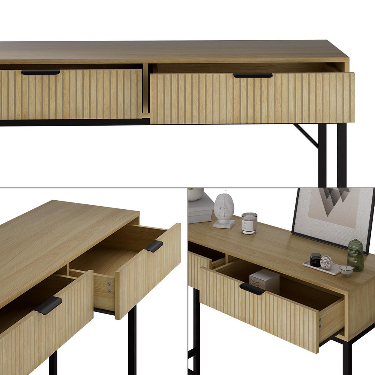 KONSOLENTISCH Lennox Eiche 100 x 75 cm mit 2 Schubladen - Eichefarben/Schwarz, Holzwerkstoff (30/100/75cm) - Vicco