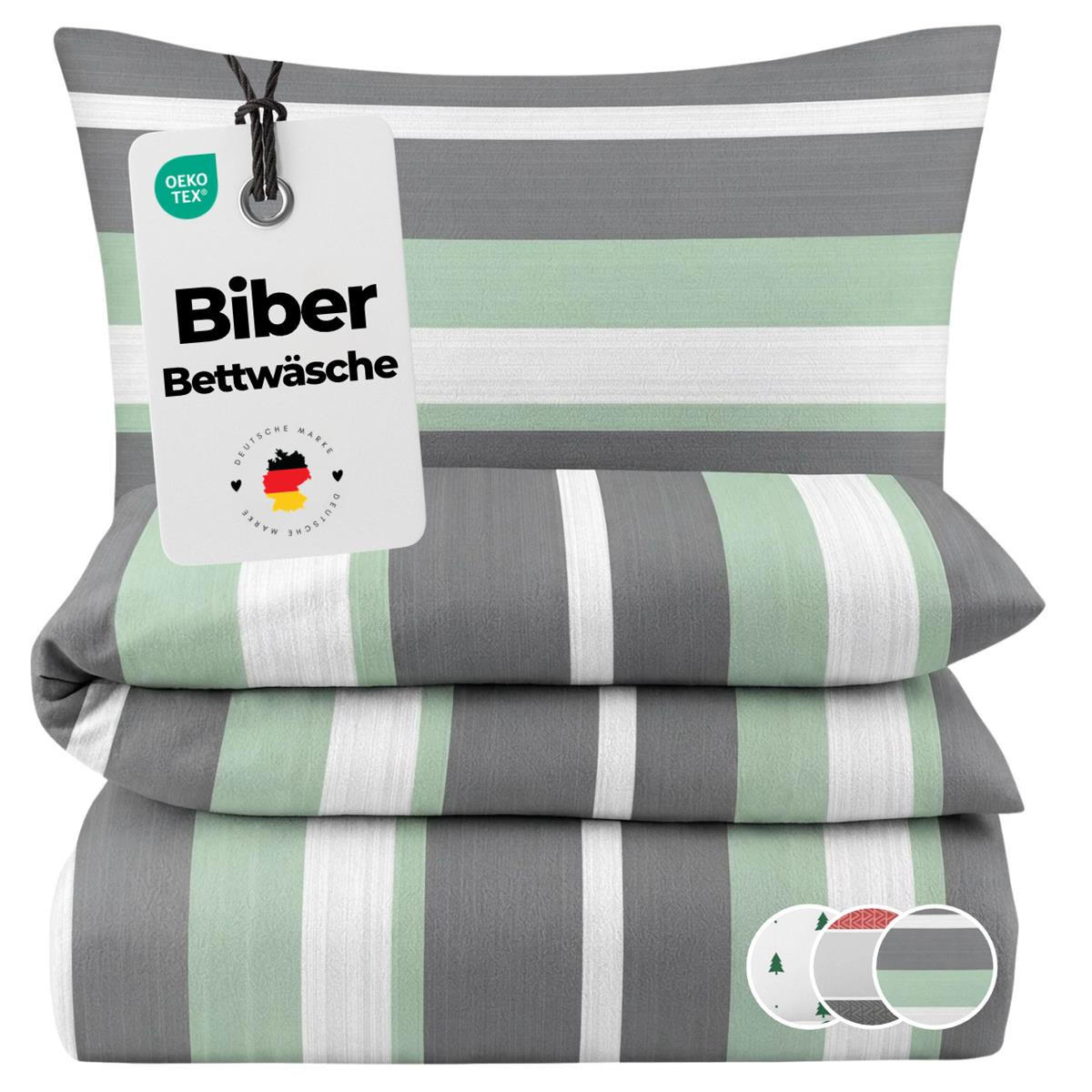 BIBER-BETTWÄSCHE 135x200 - Warmer Flanell Winter Bettbezug aus Baumwolle - Streifen Grün Grau - Grau, Textil (135/200cm) - Carpe Sonno