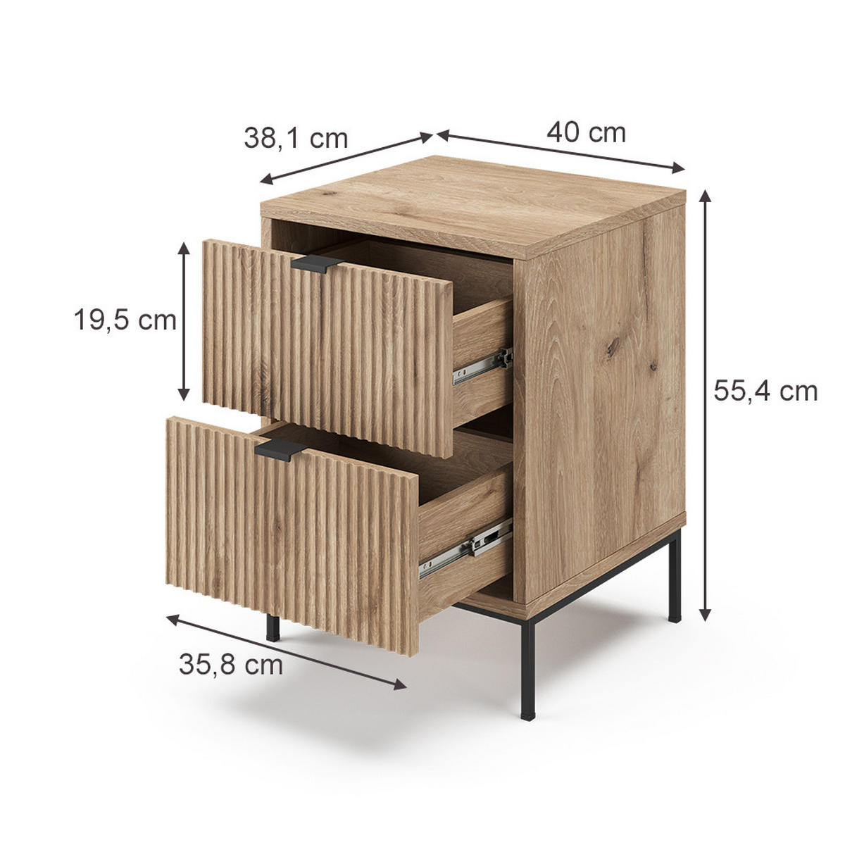 NACHTTISCH Eliza, Viking Oak/Schwarz, 40 x 55.4 cm mit 2 Schubladen - Eichefarben/Schwarz, Holzwerkstoff (40/55.4/38.1cm) - Vicco