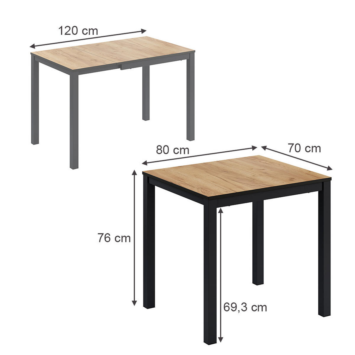 ESSTISCH Granny Eiche/Anthrazit 120 x 70 cm ausziehbar - Eichefarben/Anthrazit, Holzwerkstoff (70/120/76cm) - Vicco