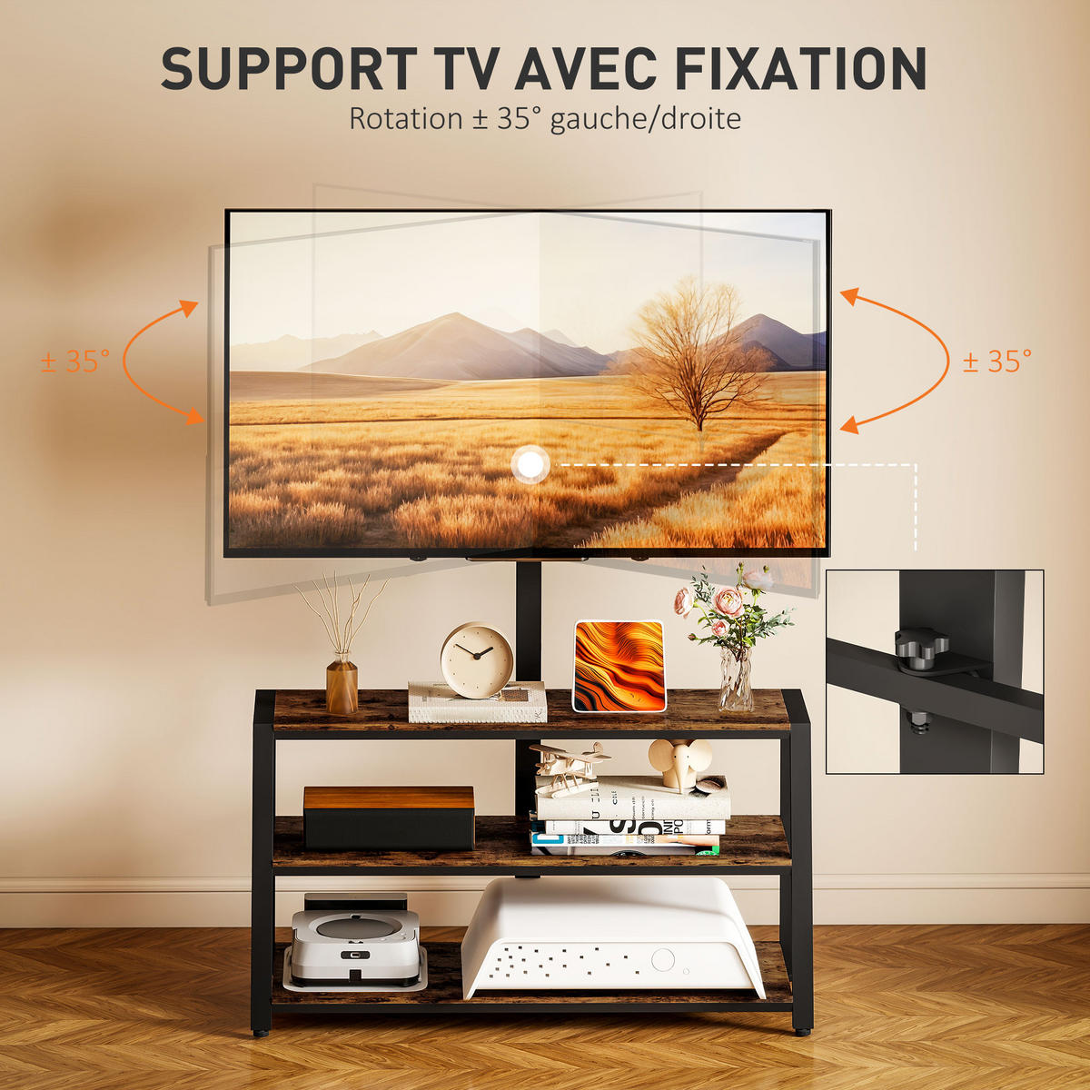 TV-SCHRANK Braun/Schwarz 108/41/135 cm, Mit TV-Halterung, Schwenkbar, Offene Fächer - Braun, Holzwerkstoff (108/135/41cm) - PANGIVO