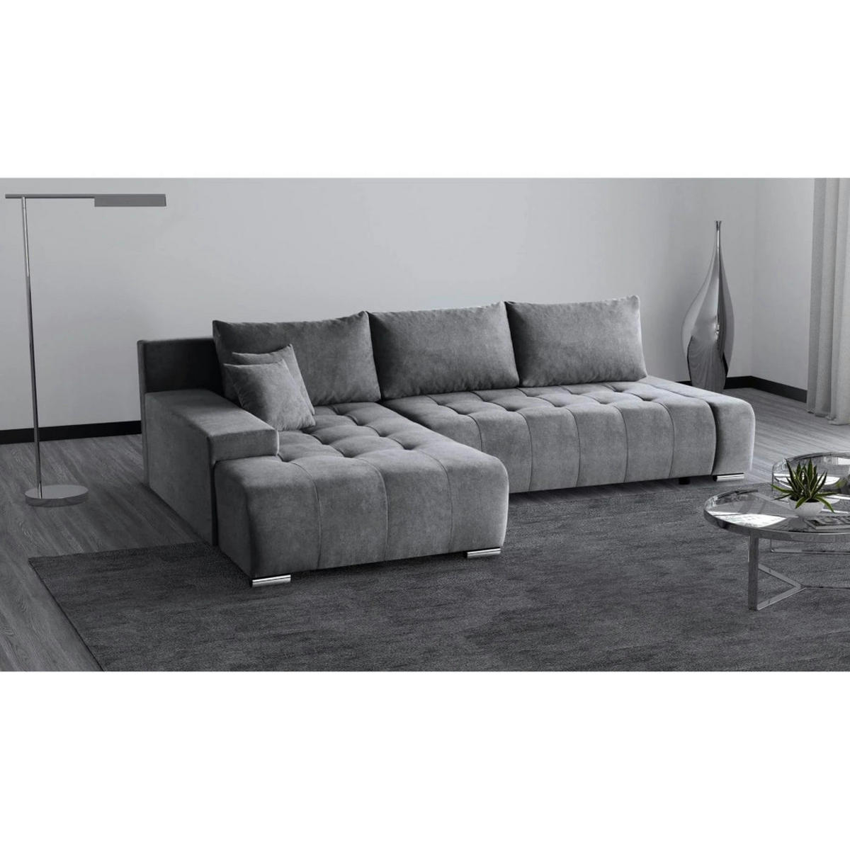 ECKSCHLAFSOFA Draco L Dunkelgrau - Dunkelgrau/Silberfarben, Textil/Metall (267/186cm) - Beautysofa