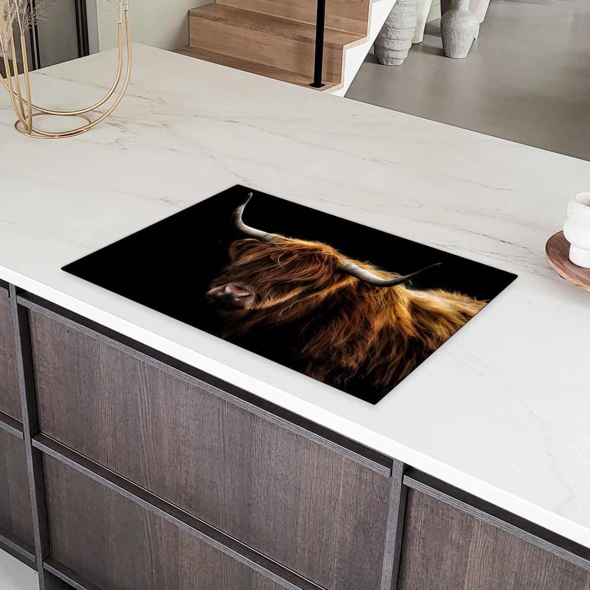 HERDABDECKPLATTE Schottischer Highlander - Hörner - Schwarz - Tiere - Natur - Wild - Kuh Induktionsschutz 80x52.2 cm - Cognac, Kunststoff (80.2/52.2/0.2cm) - MuchoWow