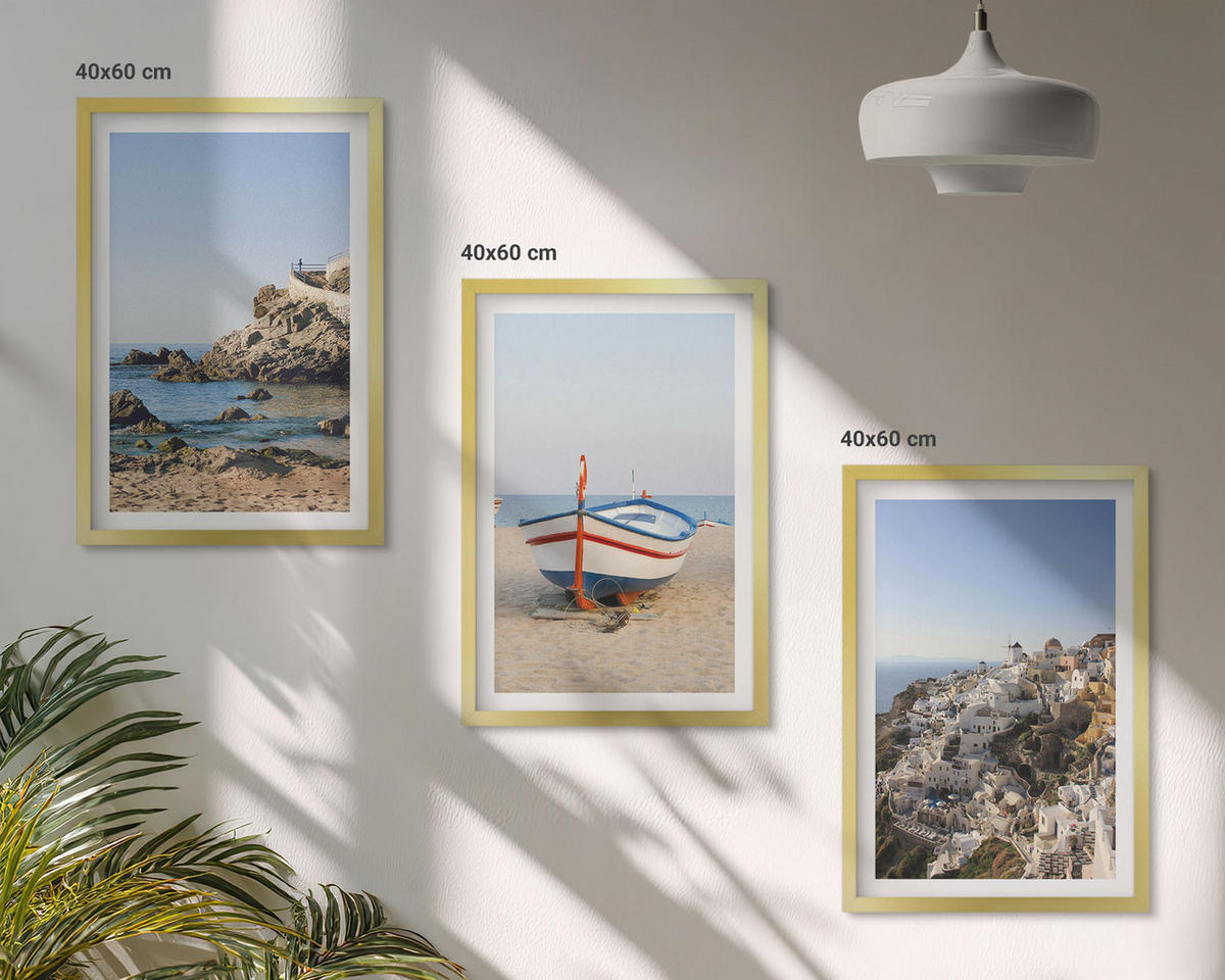 WANDBILDER 3er Set - 40x60 cm Goldrahmen - Ansichten von Griechenland mit einem Boot und Häusern - Goldfarben, Kunststoff (40/60cm) - ArtPrintCave