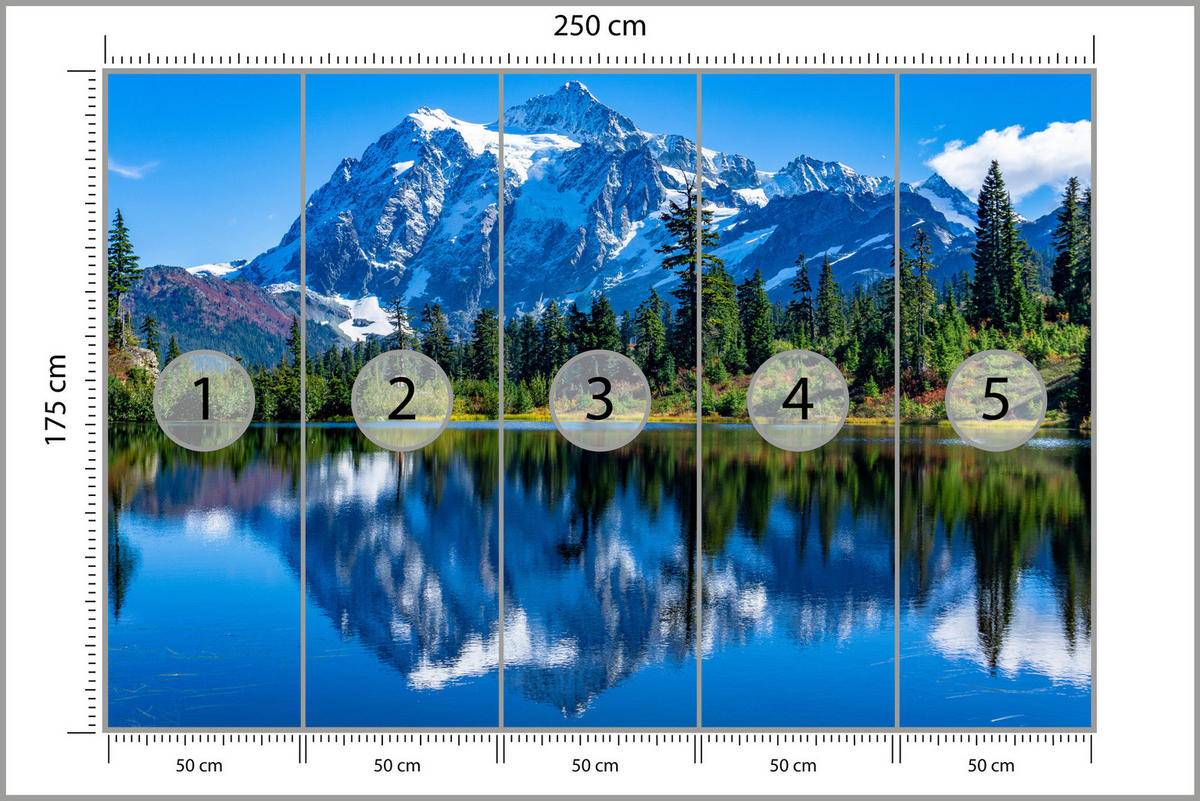 FOTOTAPETE See Berge Wald Landschaft 3D 250x175 - Blau/Beige, Papier (250/175cm) - Muralo