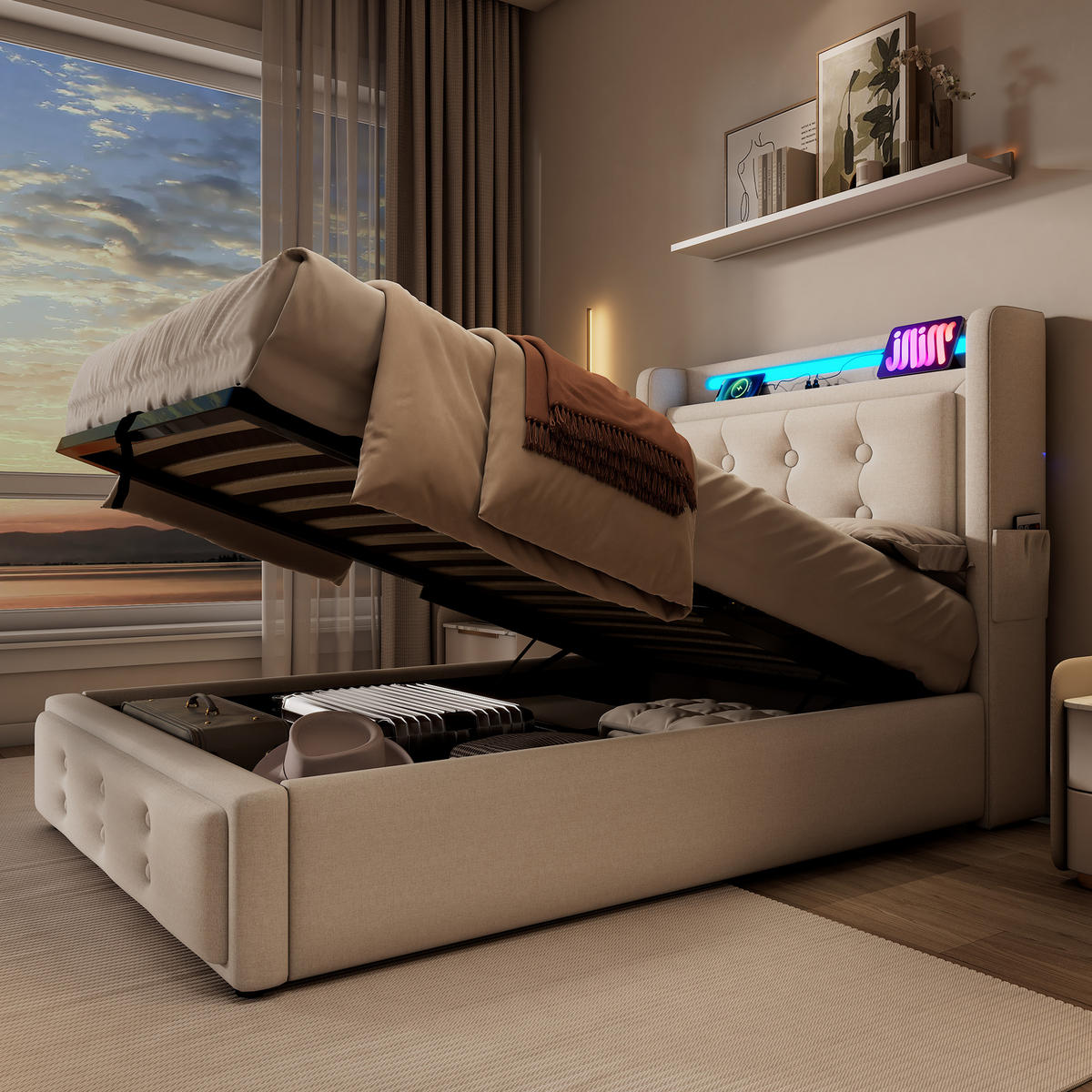 POLSTERBETT aus Baumwoll-Leinen 90x200 cm in Beige mit LED & & Matratze - Beige, Textil (90/200cm) - Modfu