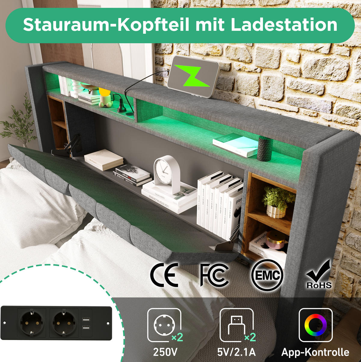POLSTERBETT 160/200 cm grau aus Massivholz mit Stauraum-Kopfteil, USB und LED - Grau, Holzwerkstoff (160/200cm) - OKWISH