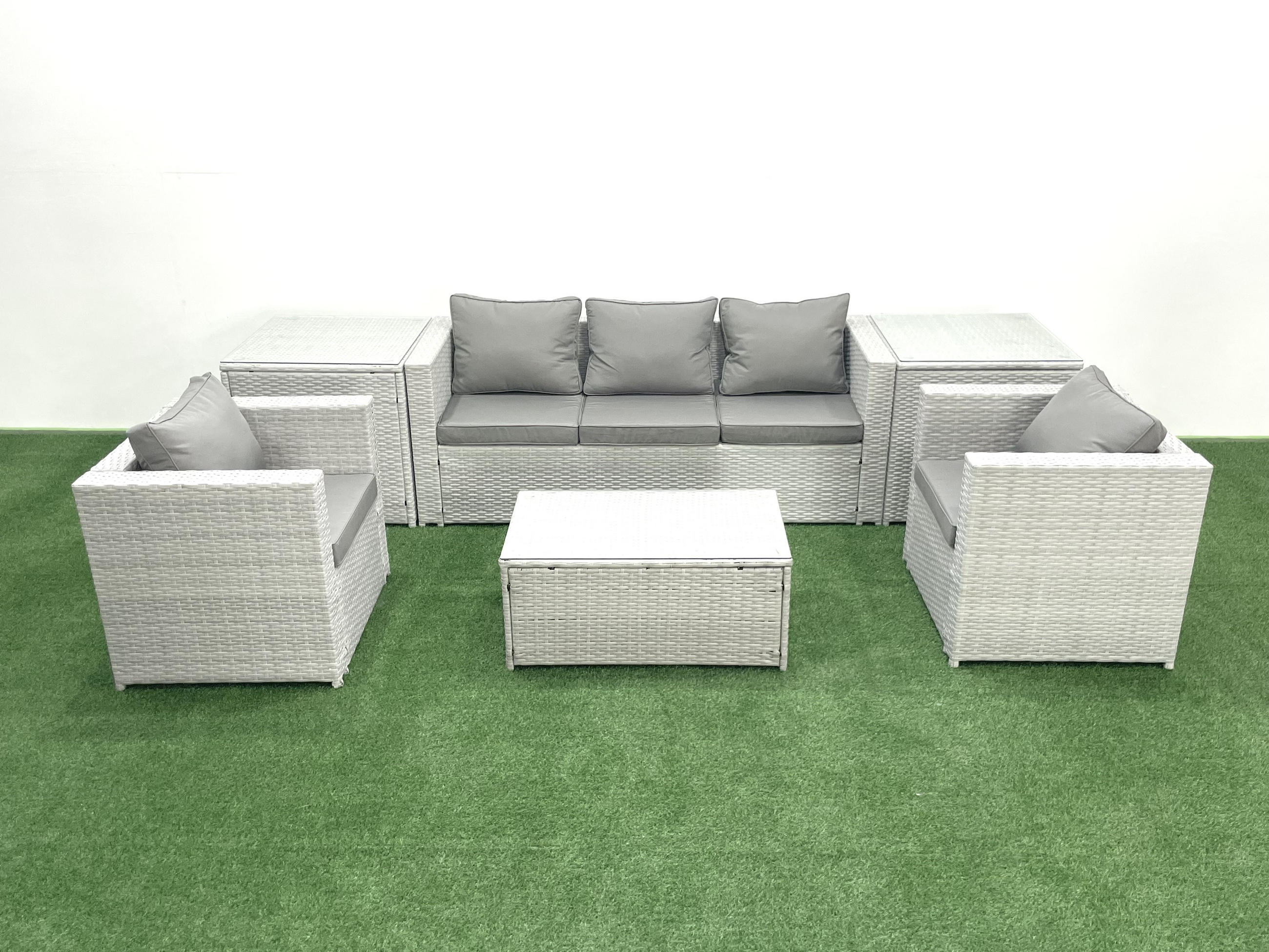 GARTENMÖBELSET mit 3-SITZER SOFA,COUCHTISCH Polyrattan Hellgrau-Mix 5-Sitzer - Hellgrau/Grau, Glas/Kunststoff - Fimous