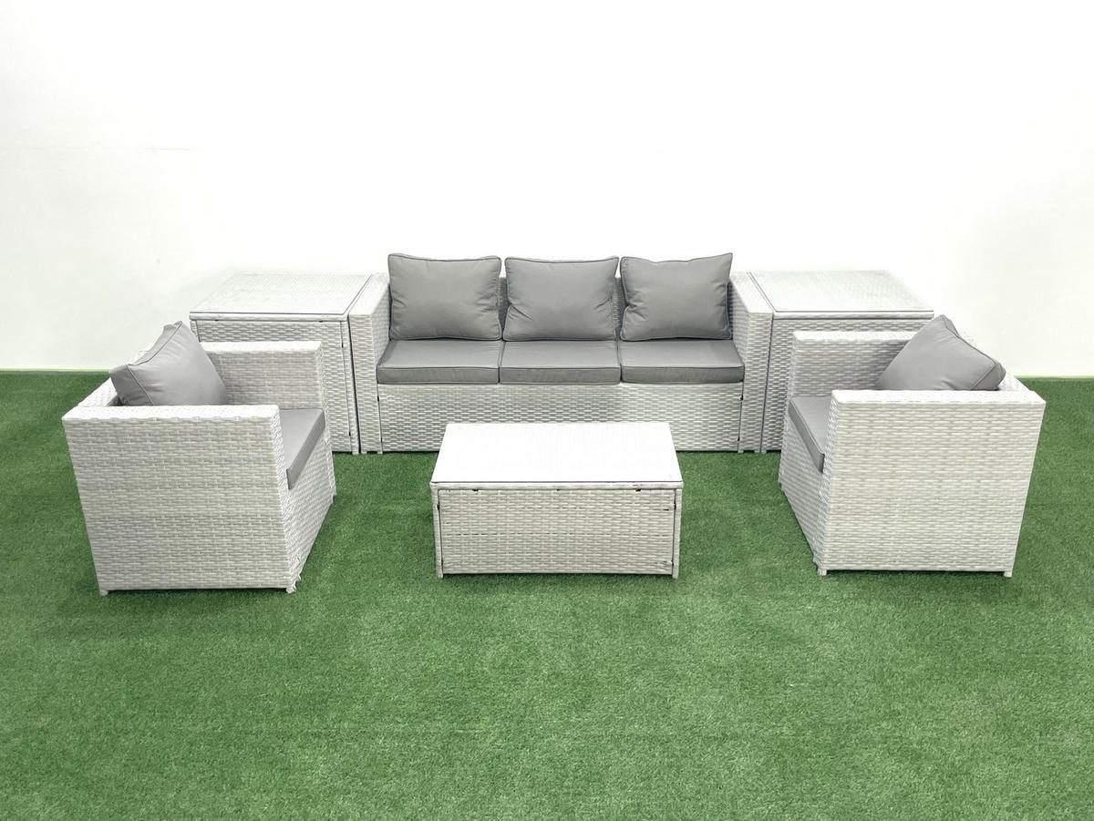 GARTENMÖBELSET mit 3-SITZER SOFA,COUCHTISCH Polyrattan Hellgrau-Mix 5-Sitzer - Hellgrau/Grau, Glas/Kunststoff - Fimous