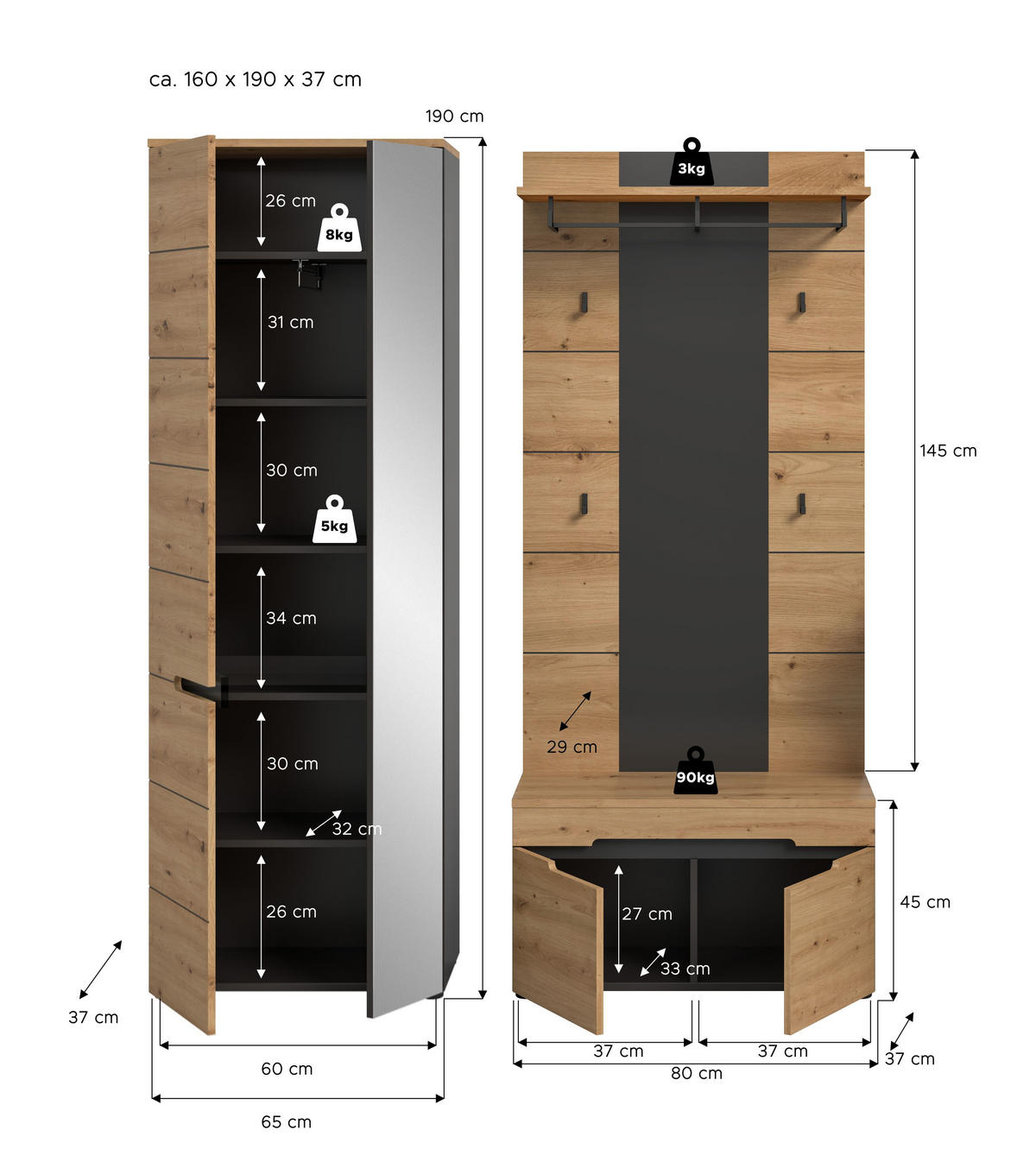 GARDEROBEN-SET CANU 3-tlg. (B/H/T: ca. 160/190/37 cm) in Basalt grau/Artisan Nachbildung - Grau, Holzwerkstoff (160/190/37cm)