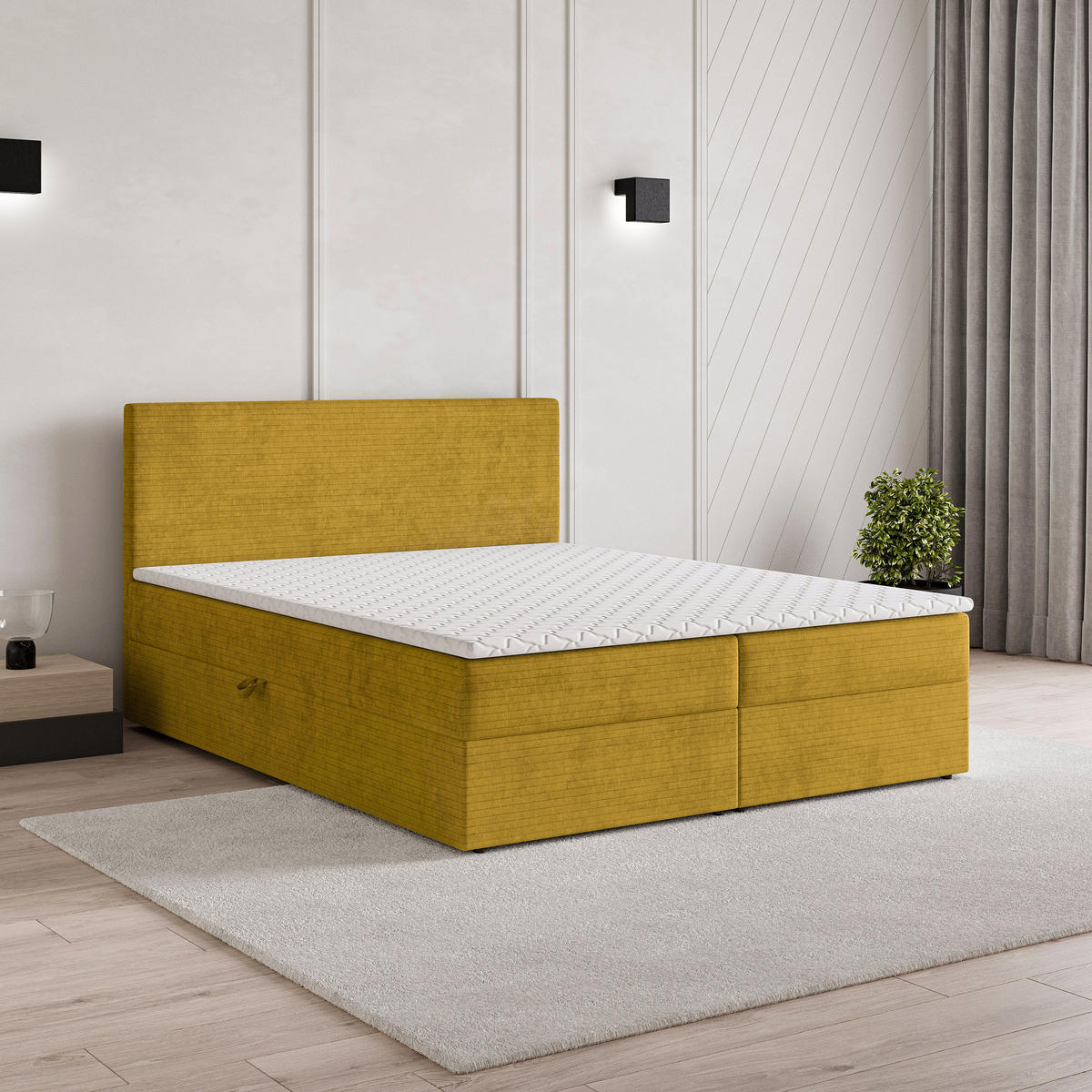 BOXBETT NIRA 140x200 cm mit Matratze und Topper - Gelb - Gelb, Holz (140/200cm) - MASSENO