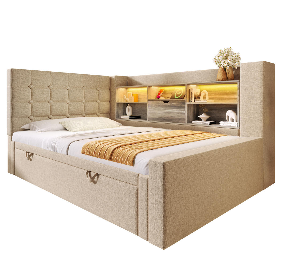 BETT mit Ausziehbett und Stauraum 90x200 cm Leinen Beige - Beige, Metall (90/200cm) - Meubliv