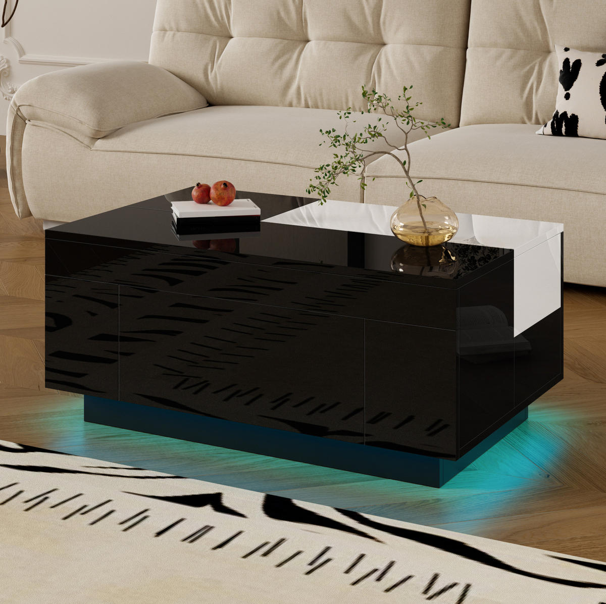 COUCHTISCH mit LED und Stauraum 80 x 50 cm MDF Schwarz/Weiß - Weiß, Wellpappe (80/50/35.5cm) - Meubliv