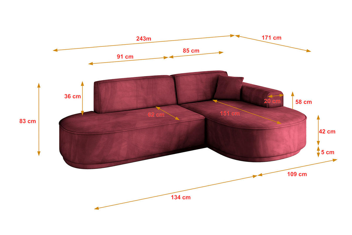 ECKSOFA Ottomane Rechts MARI-L1-v3 - 243x171x83 cm Bordeaux Velours - Bordeaux/Schwarz, Holzwerkstoff/Kunststoff (171/243cm) - ALTDECOR